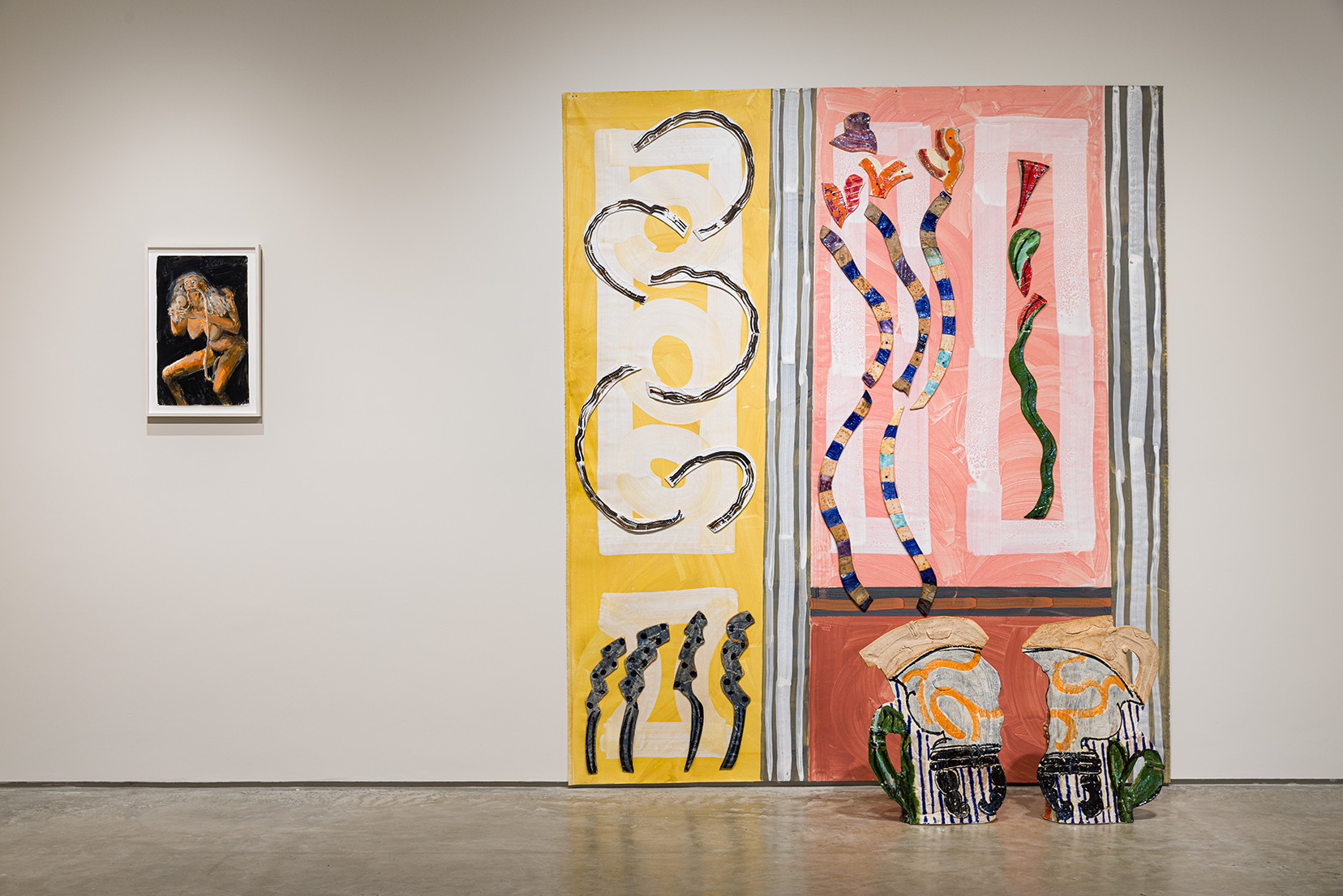(Left) Tirtzah Bassel, Mother Severing the Umbilical Cord (After Goya), 2021. Gouache on paper, 13 x 21 inches. (Right) Betty Woodman, Santa Maria della Quercia, 2005. Glazed earthenware, epoxy resin, lacquer, acrylic paint, terra sigillata, and canvas, 97 3/4 x 84 1/2 x 12 inches. © Woodman Family Foundation / Artists Rights Society (ARS), New York. Photo by Etienne Frossard.