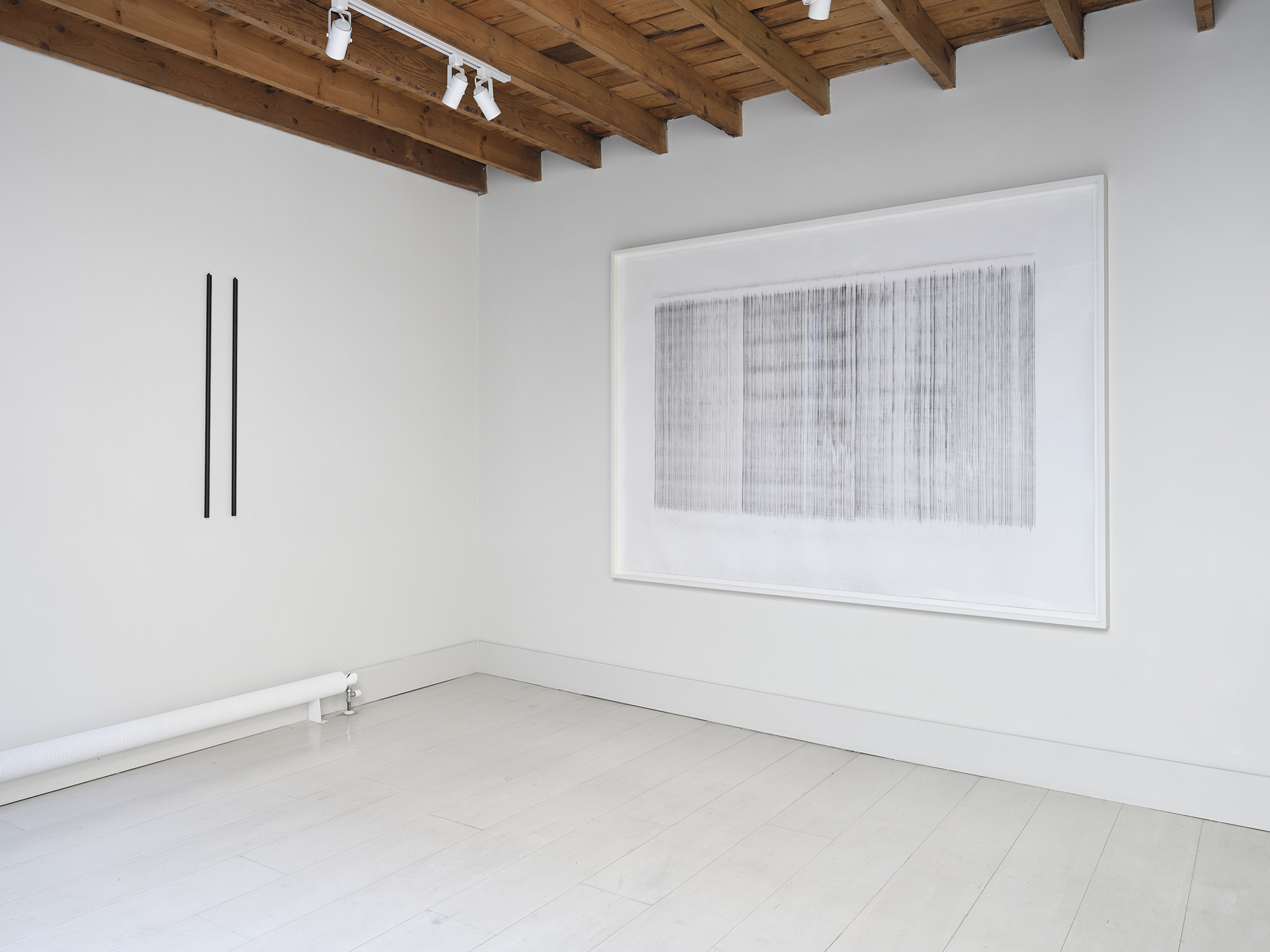 Installation View After Mallarmé Part 2; Peter Downsbrough 27.06.2018 [Two Pipes (Not Random)] 2018 and Susan Morris Plumb Line Drawing No.11 2009 Photo: Stephen White and Co