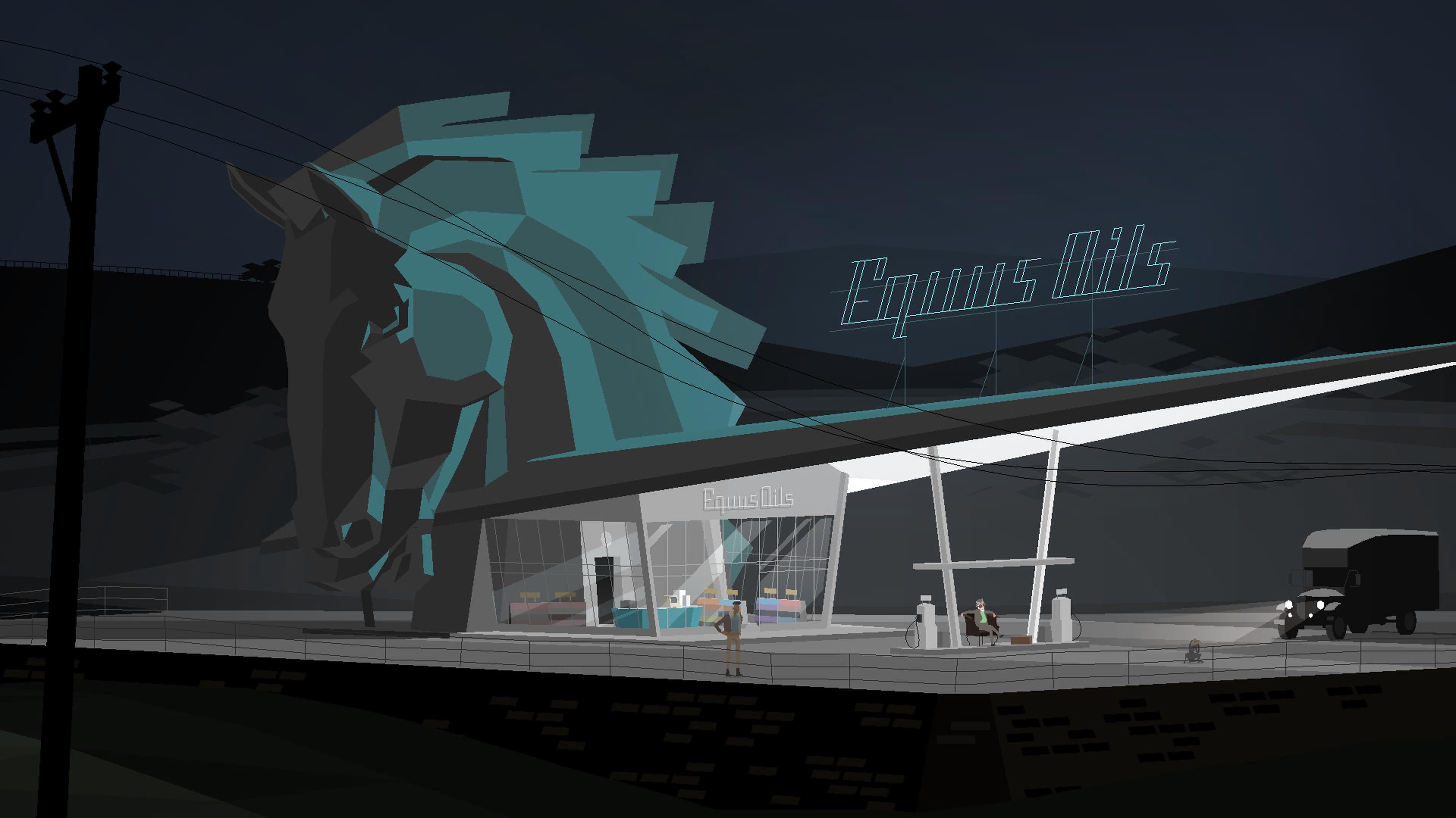 Screenshot of a video game that renders a low poly scene of a gas station at nighttime called “Equus Oils,” which features a large blue building size horse head.