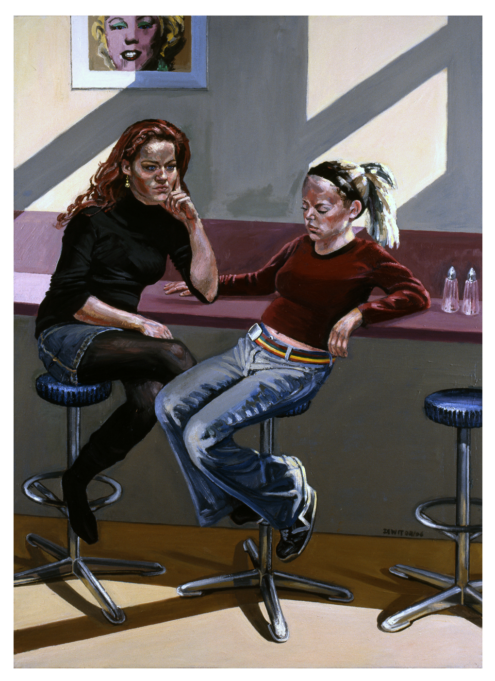 Twee jonge vrouwen aan de bar van een wegrestaurant 2006 - oil 140x100 cm