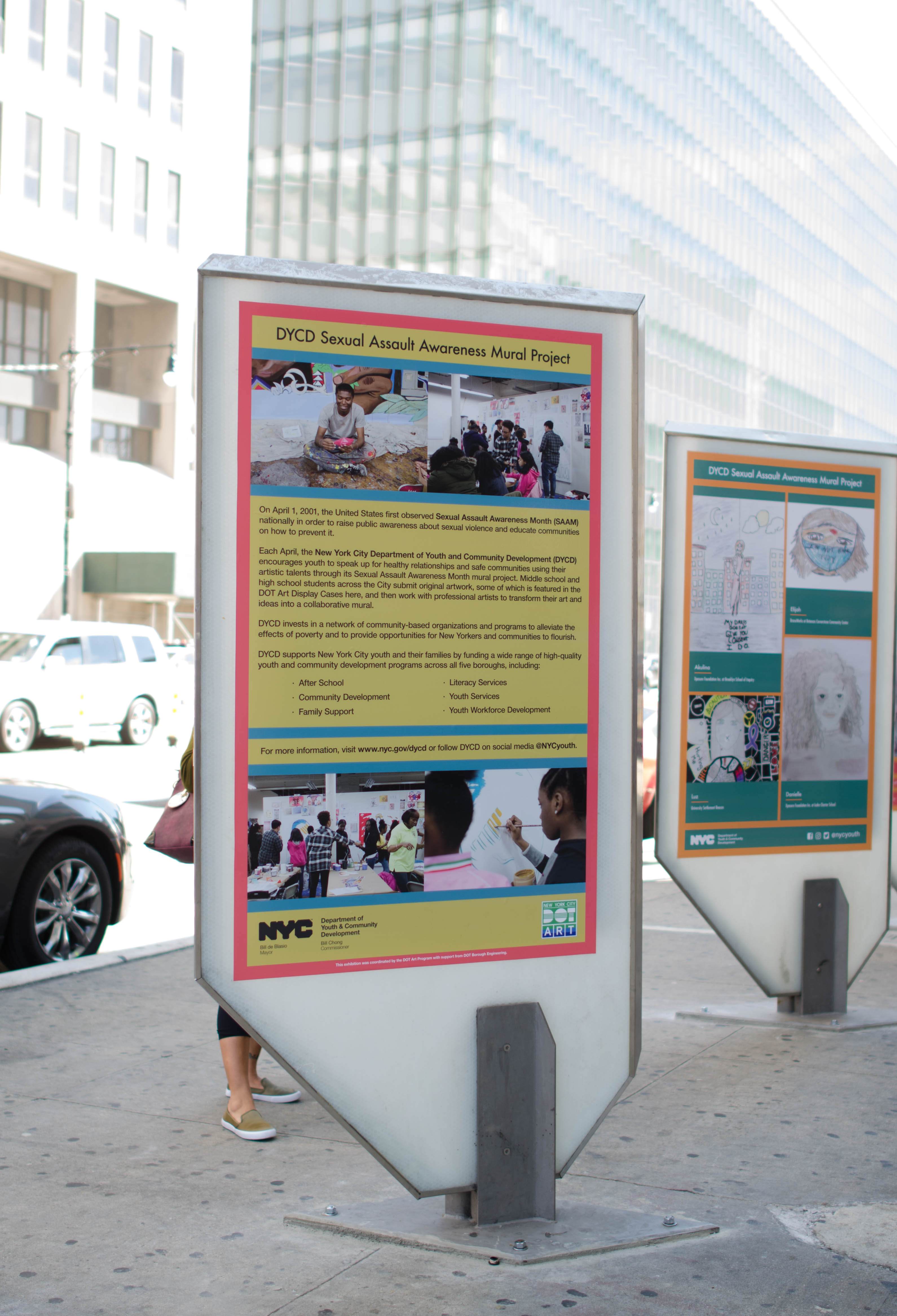 Design of three art display cases created in collaboration with DYCD and DOT Art displayed in front of the Family Justice Centers in the Bronx.