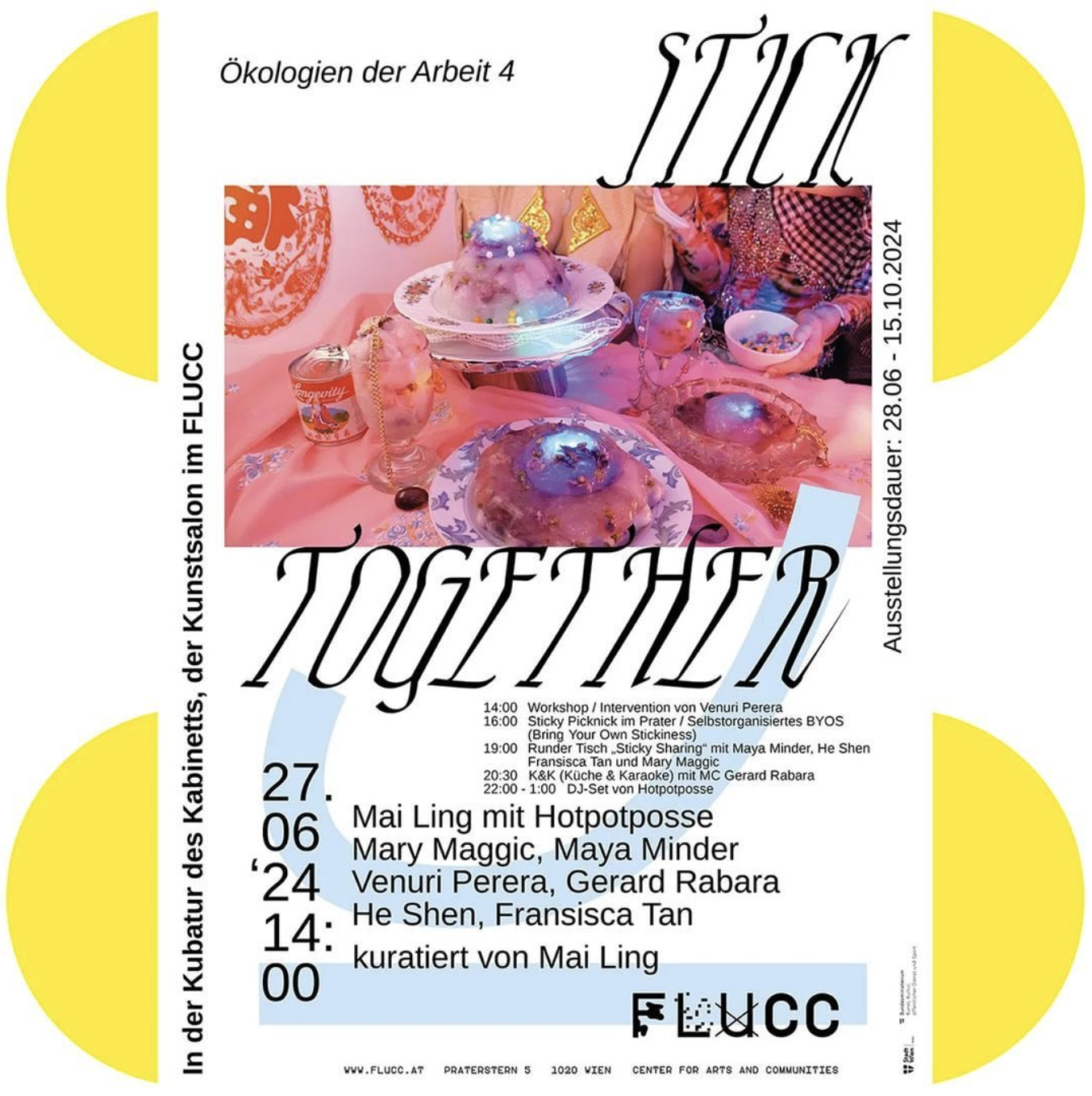 In her recent activities, Mai Ling explored an artistic strategy and discourse on &lsquo;stickiness&rsquo; as collective resistance and pleasure to promote community, kinship and healing among Asian FLINT* and beyond. Stinginess, often associated with disgust, has a subversive potential to reclaim collective action. By &ldquo;sticking together,&rdquo; we question the perception of &ldquo;Asia&rdquo; as the exotic, decorative other and the dirty and sticky entanglements of migration, colonialism, and imagination.  In der Abendveranstaltung &bdquo;Stick Together&ldquo; werden Expert*innen aus den Bereichen Architektur, Gastronomie, Somatik und Biohacking ihr Wissen &uuml;ber &bdquo;Klebrigkeit&ldquo; als notwendige Praxis f&uuml;r &Uuml;berlebende F&uuml;rsorge teilen. Anschlie&szlig;end teilen, essen und verdauen wir gemeinsam unsere Lieblingsklebespeisen, w&auml;hrend wir gemeinsam Karaoke singen!