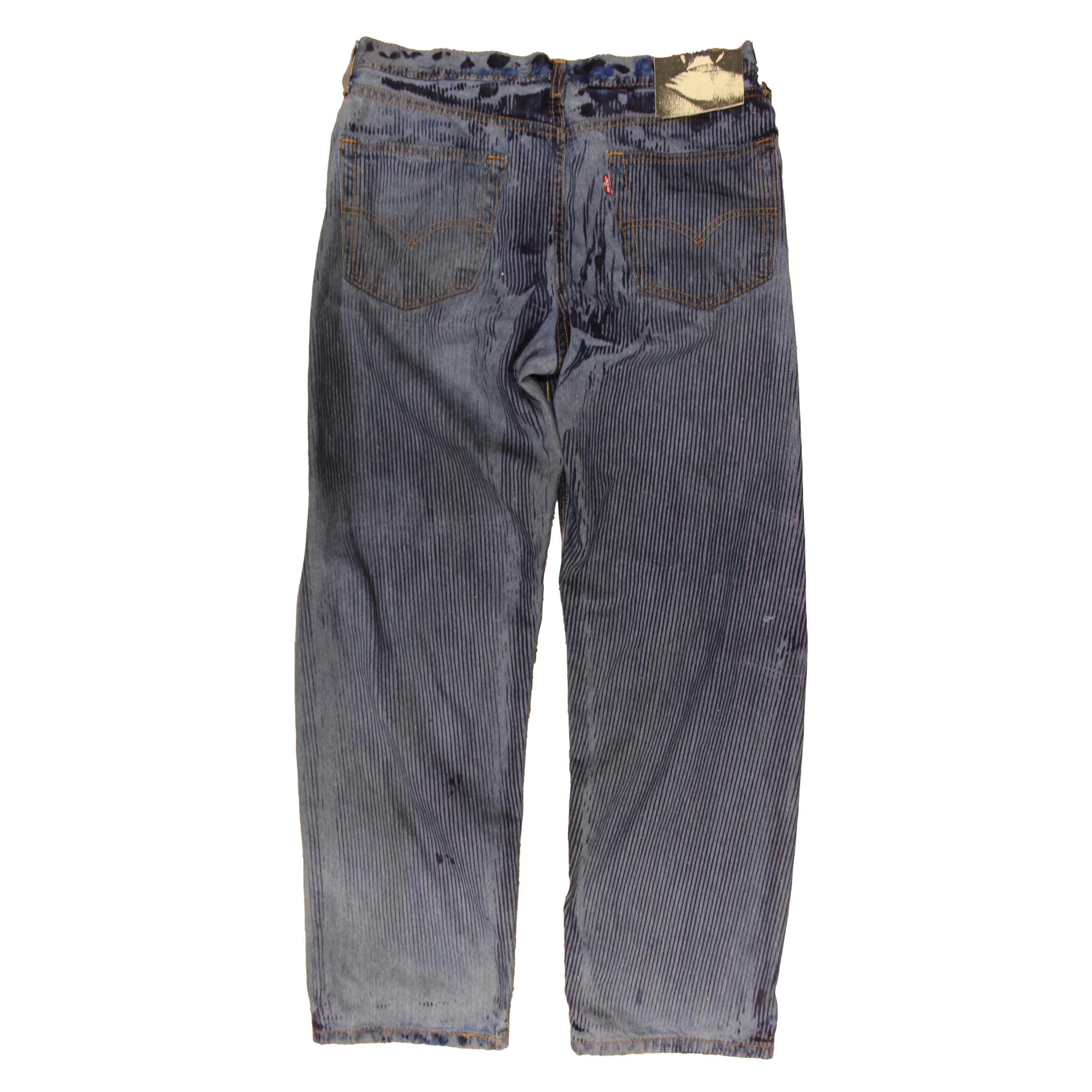 reclaimed vintage surplus denim screen printed with textile ink in snagstripe print. tailored for straight/wide fit. fitted with custom keychain, scrap chain, and leather patches