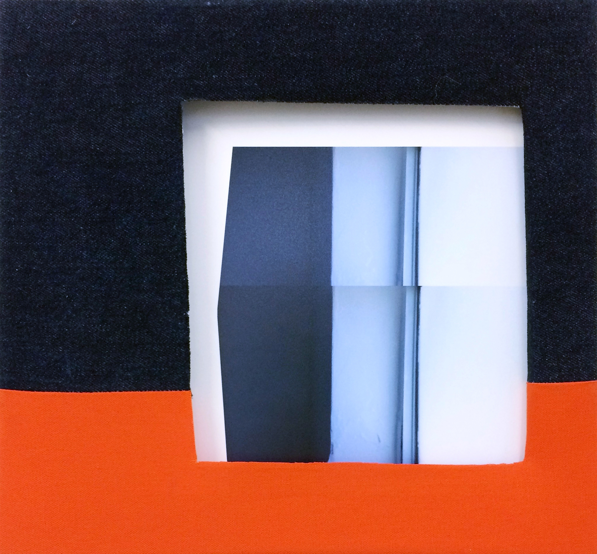 Casement, Mounted pigment print, denim, cotton, thread, 14 x 15 inches