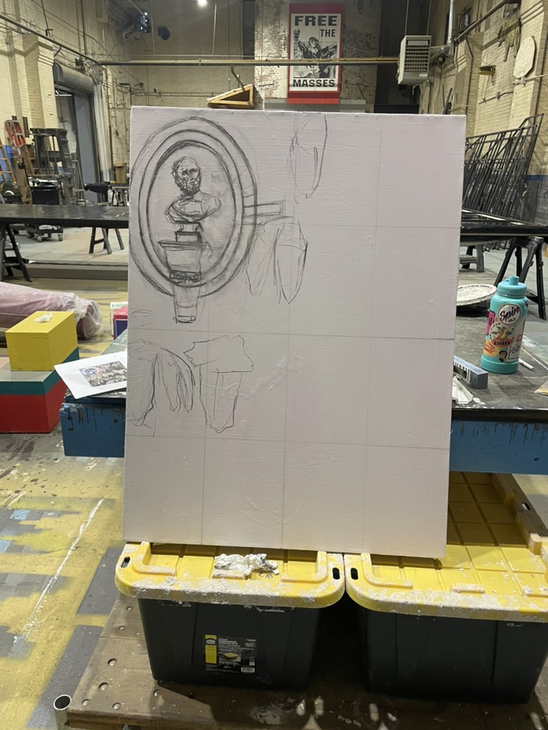 Gridding out the canvas and starting the charcoal drawing