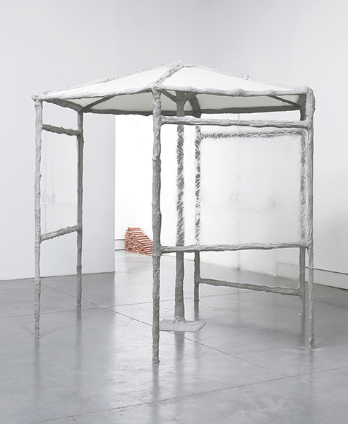 Springs, 2017, concrete, steel, burlap, glass, vaseline, egyptian loofah, hand towels, plaster, pigment, umbrellas