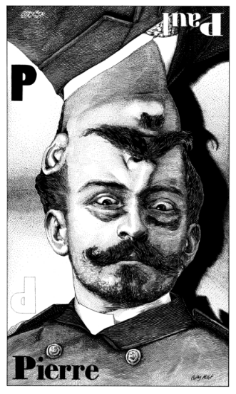 Christian Roux, Pierre et Paul, alphabet lettre P, 1975, encre de chine, publié dans Charlie Mensuel