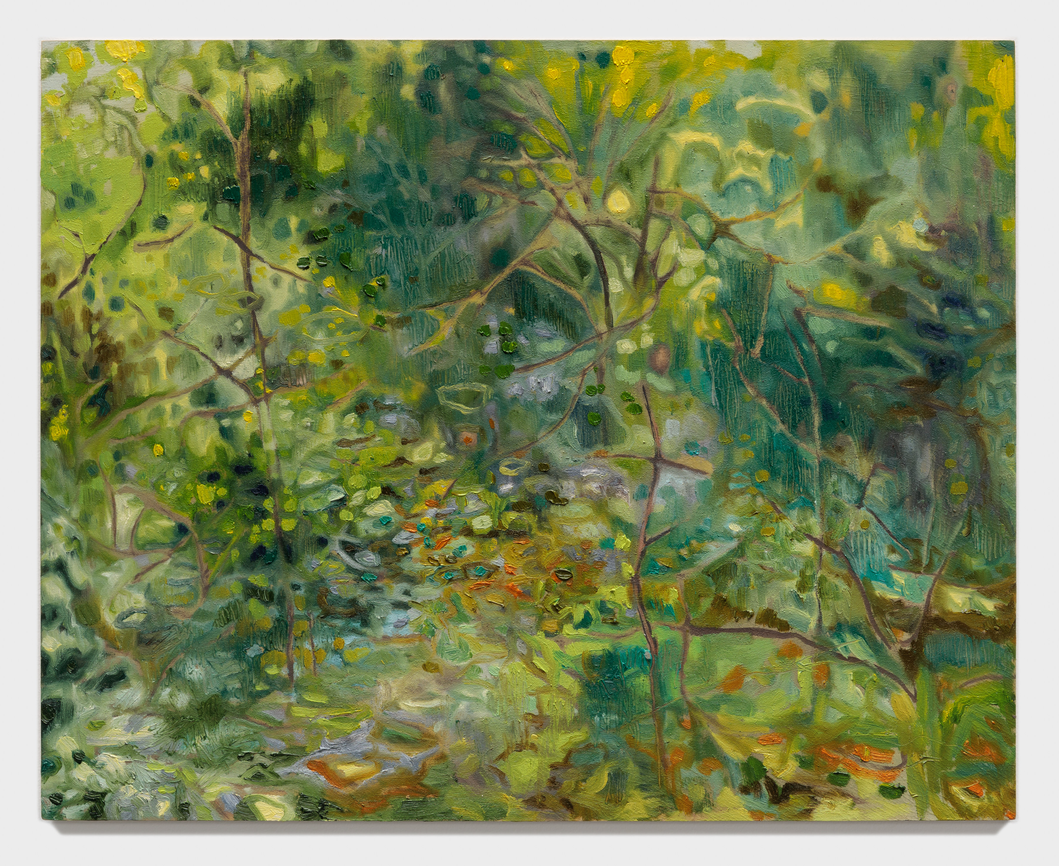 forest (kilbuck)oil on panel16x20"2023This was painted as frenetic evening light danced across limbs and leaves of trees. It grabs at the moments just before the arrival of dusk finally brought stillness to the forest.