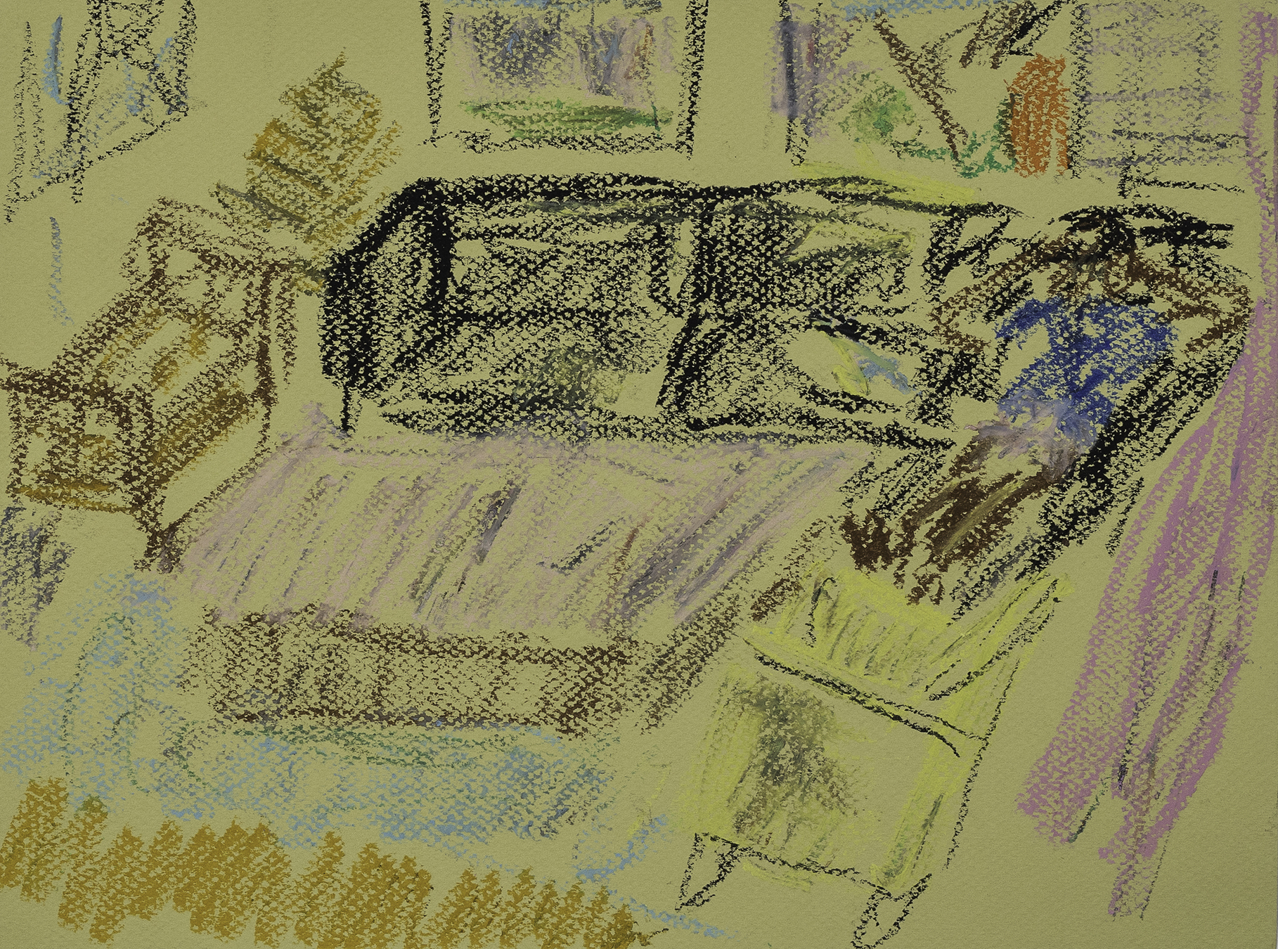 Reddi Surdhasian Sleeping in the Living Room at 125 N. Carson   (2022)  Interiorism & Exteriorism  12 x 9 in  Oil Bar on Cotton Paper