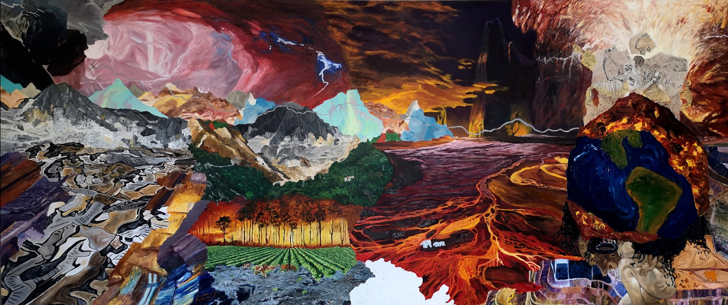 Anthropocene entangled in the Past, Present, and Future; Oil on canvas; 320 x 135 cm