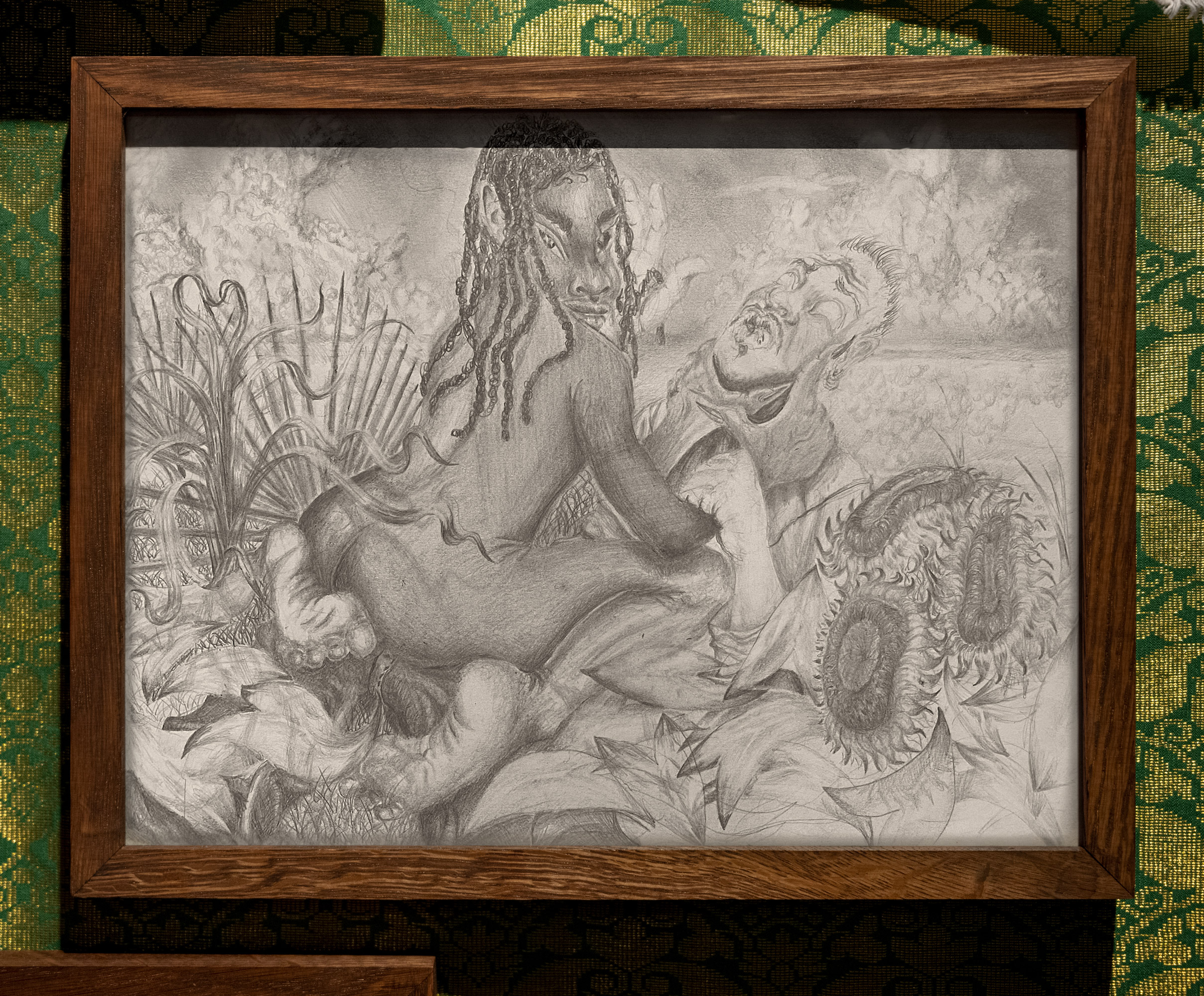 Revenge Fantasy in the Mouth of my Motherland (2020), Utē Josephine Petit. Pencil on Paper. 8.5 x 11 in (22 x 28 cm). Installation view of “The Symbiotic Shore” a group exhibition curated by the Institute of Queer Ecology (2021). Photo by Lee Pivnik. Courtesy of the Institute of Queer Ecology, Bas Fisher Invitational and Bridge Initiative.