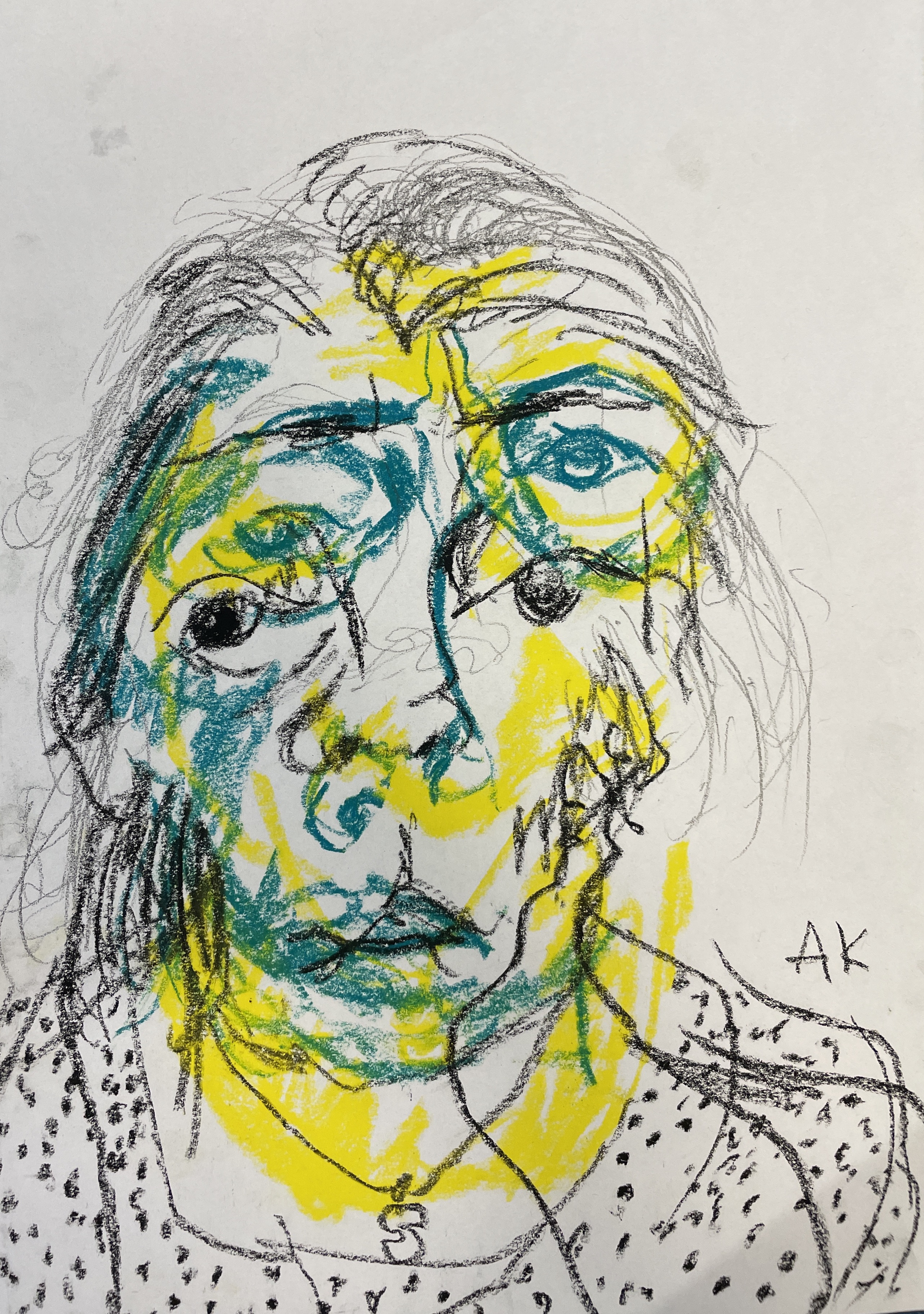 Charcoal portrait of a woman with large eyes looking concerned, with overdrawing in green and yellow abstracting the face.