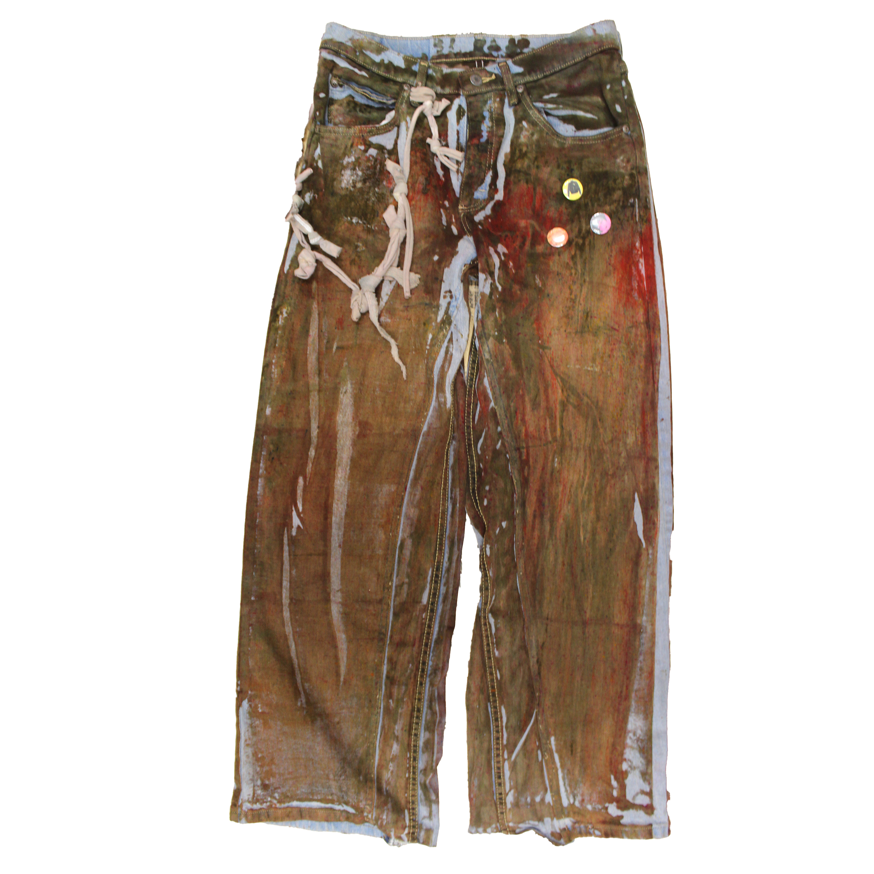 reclaimed vintage surplus denim screen printed with textile dye & various metals. tailored for straight/wide fit. fitted with custom keychain, scrap chain, and leather patches