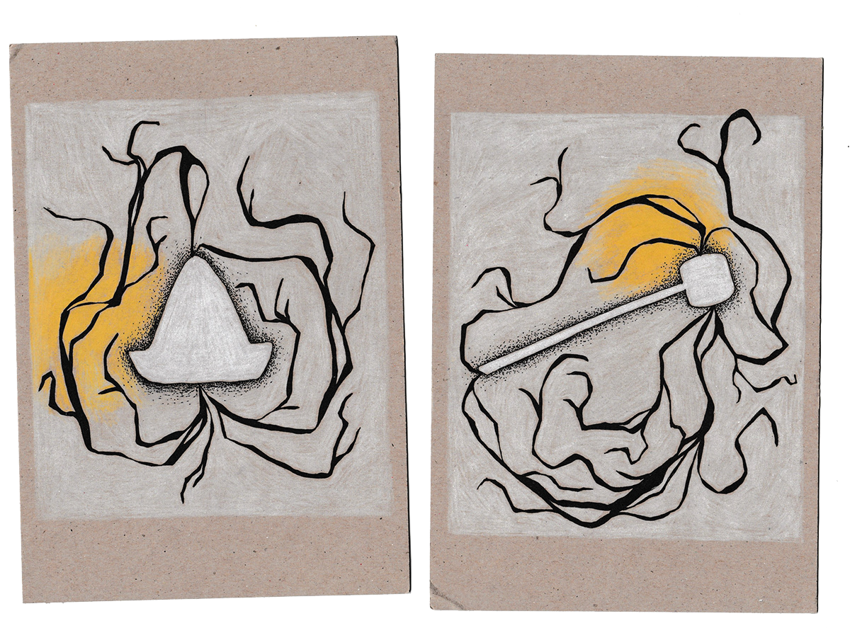 Foreign Objects (1 & 2), 2021. Pen and colored pencil on chipboard, 7.5"x5".