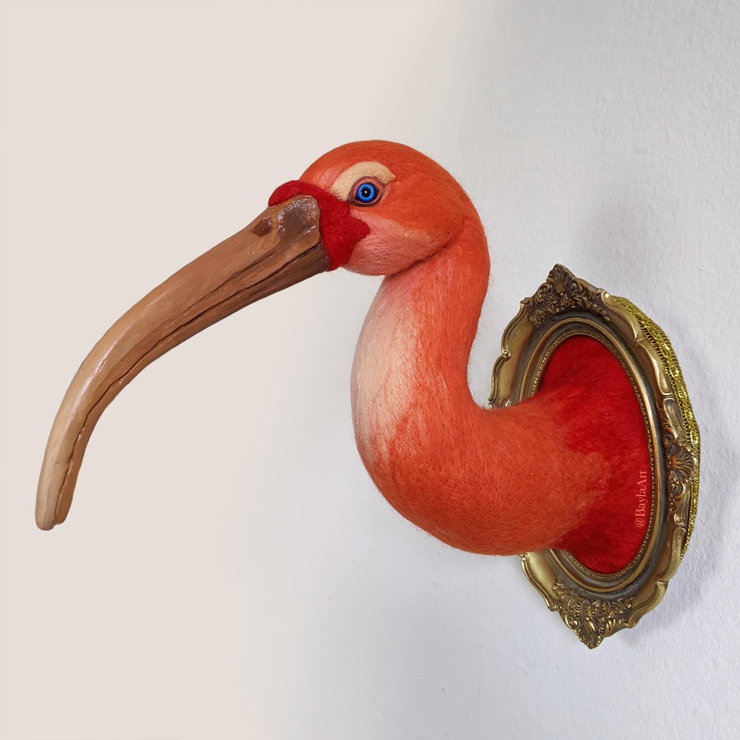 Scarlet IbisNeedle felted wool faux taxidermy12"x12"2021SOLD