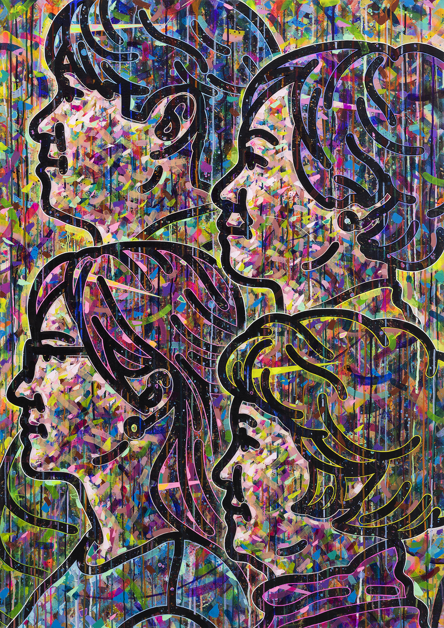  〈The Q #3(지미, 나비, 지인, 하늘)〉,2019, 캔버스에 아크릴, 색연필, 스프레이 페인트, 145.5 &times; 102cmThe Q #3(Jimmy, Nabi, Jiin, Haneul), 2019, acrylic, color pencil, spray paint on canvas, 145.5 &times; 102cm