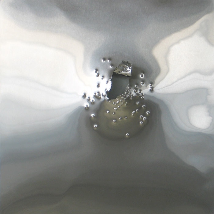 Los Lunas #24, stainless steel with gunshot, 24x24 in