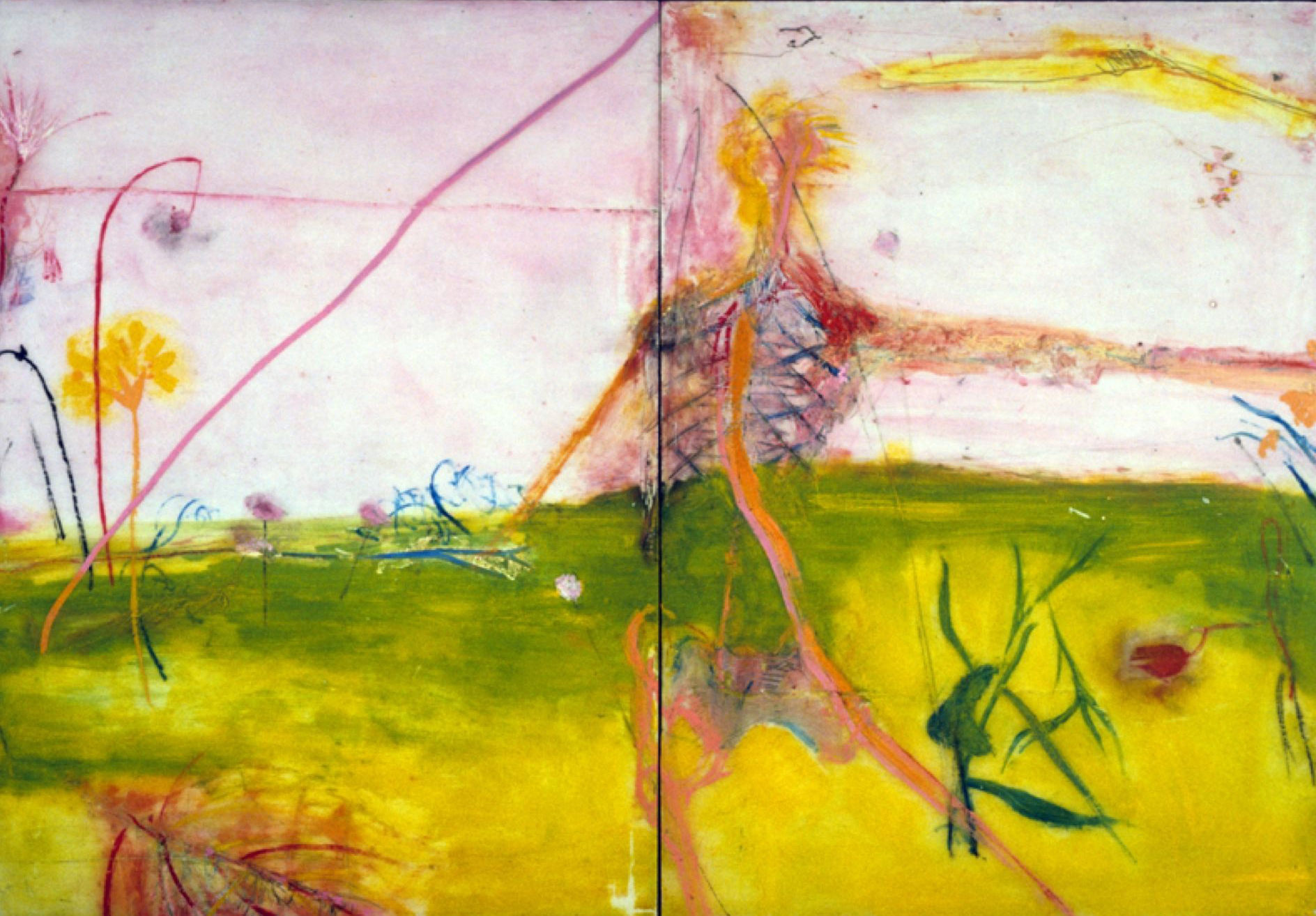 "Dry Bones" oil and wax and feathers on board 3 ft. x 5 ft. 2005