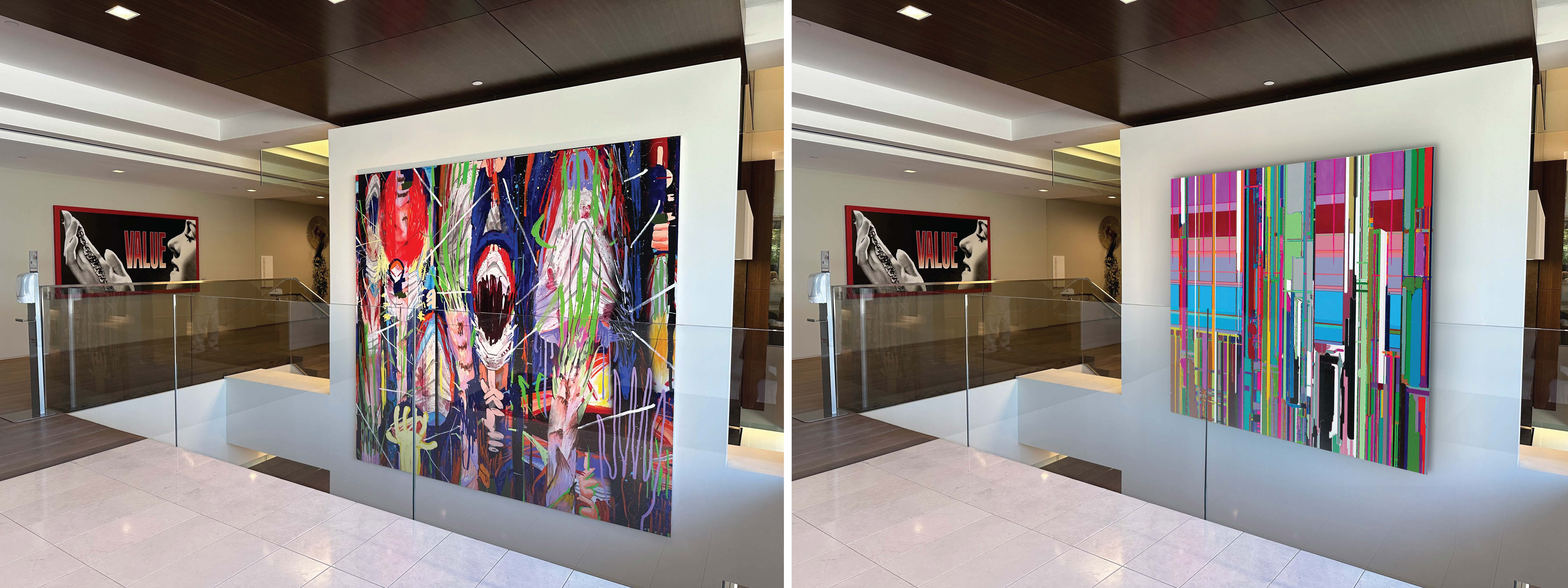 Left: Original photo, depicting work in client's office by Masato Mori. Right: Mockup of Liu Wei work in same location, Photoshop, 2023 