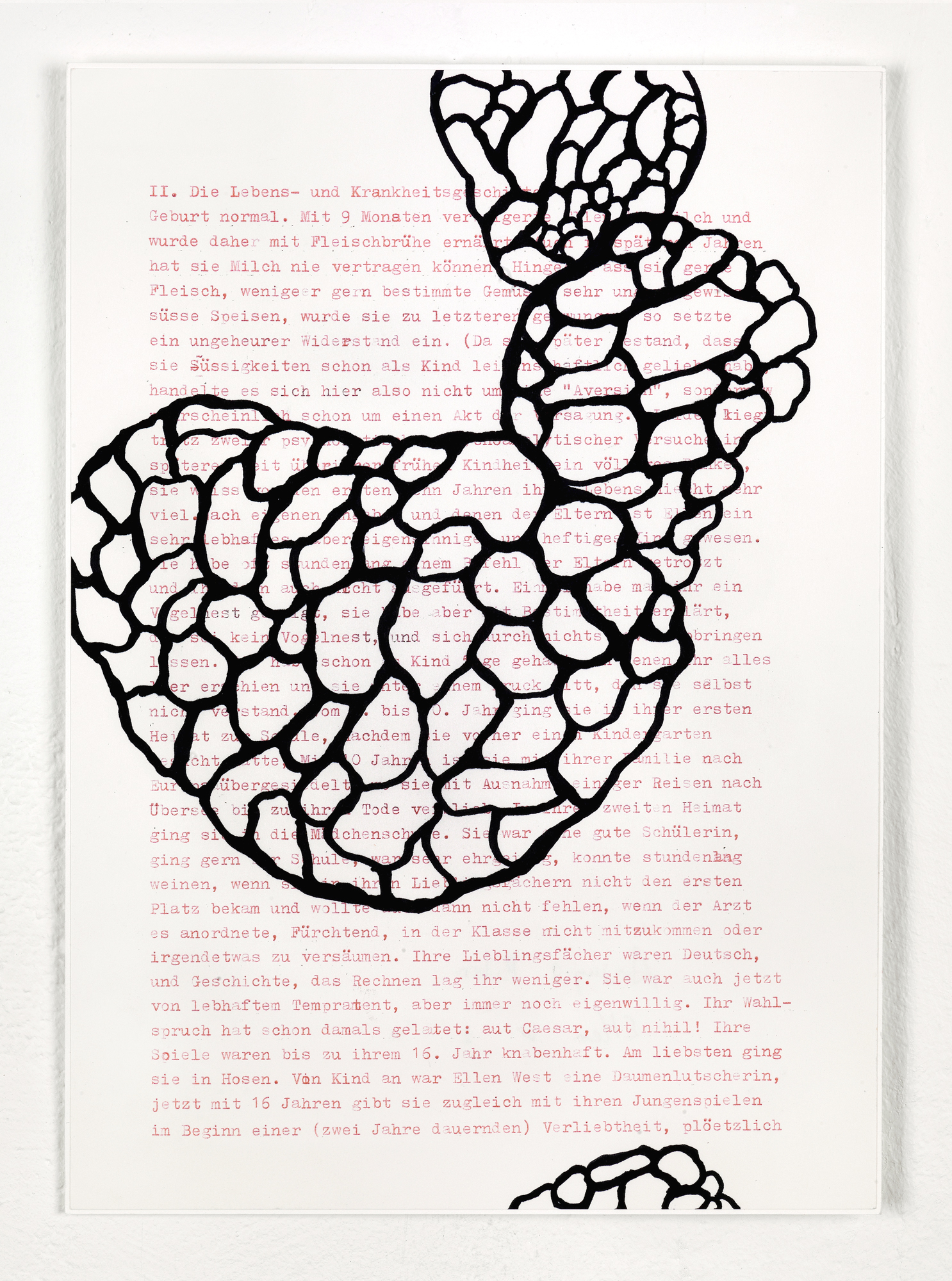 Fragments (Ellen W.)  – 28 Felt tip pen, gouache pen, acrylic sheet on typed paper 29,7 x 21 cm