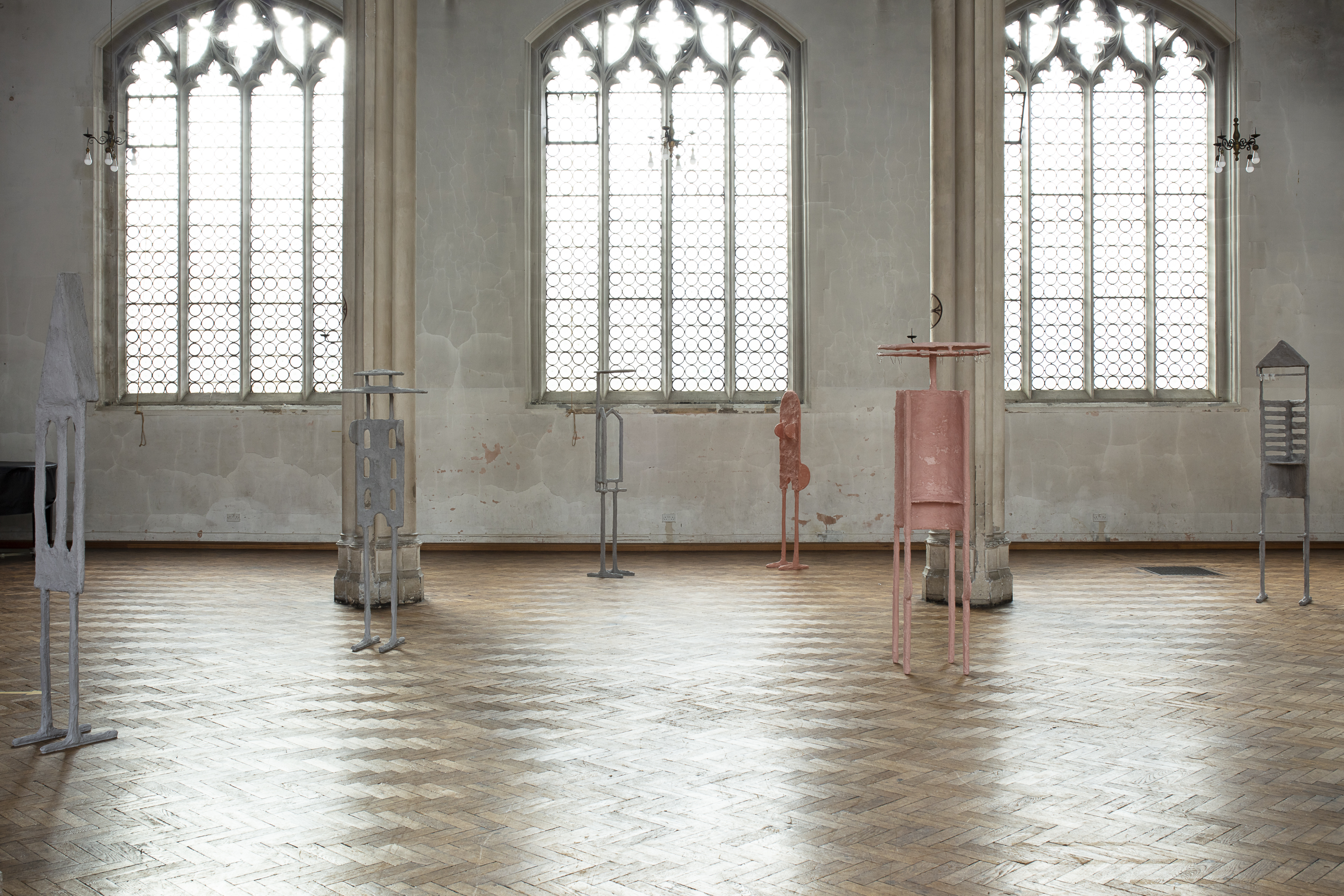 The Crowd (Part 1 -  St Cyprian's Church), 2020, steel, plaster, burlap, sand, pigment, glass, shower curtain hooks