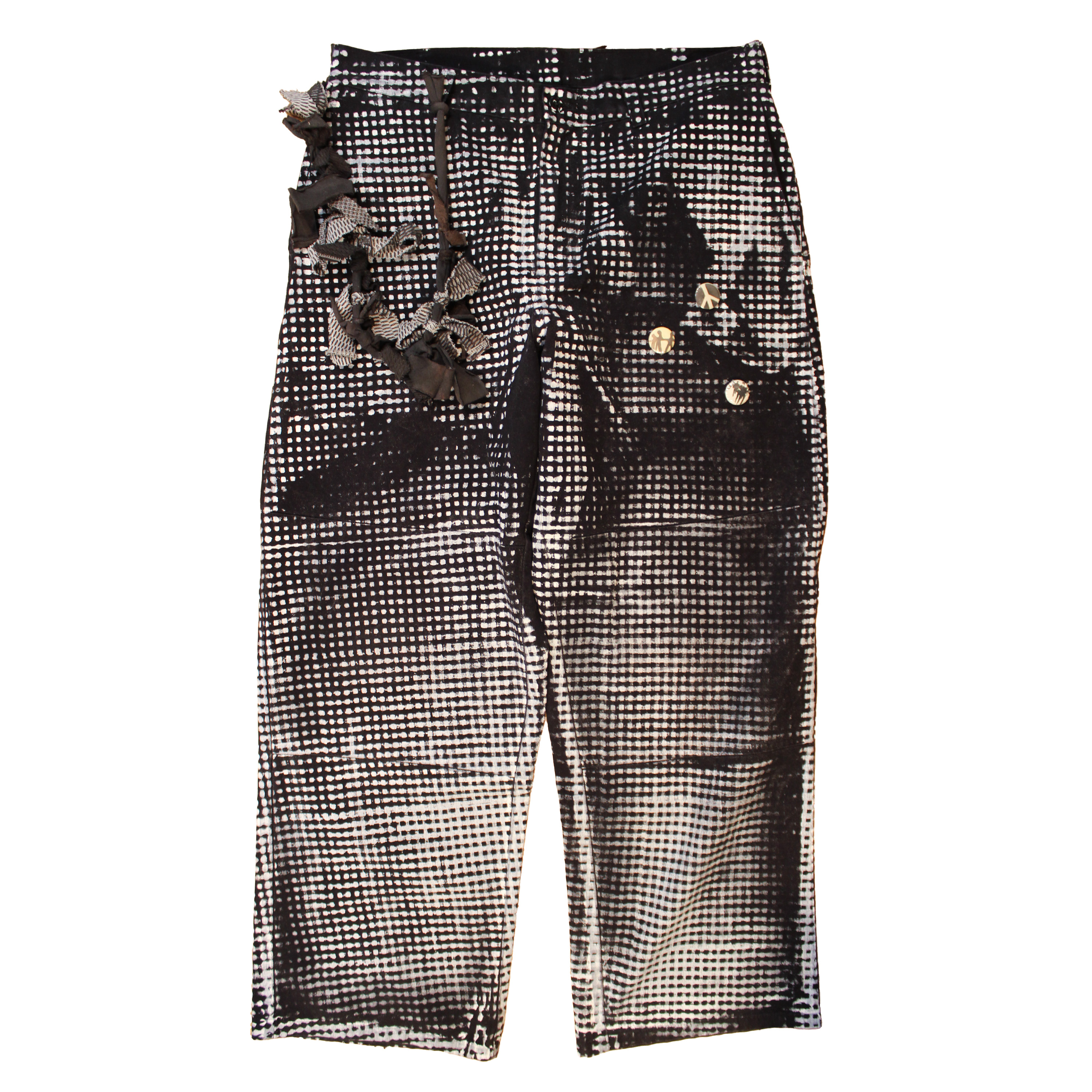 reclaimed vintage surplus dress pants screen printed with gingham in textile dye. tailored for straight/wide fit. fitted with custom keychain, scrap chain, and leather patches