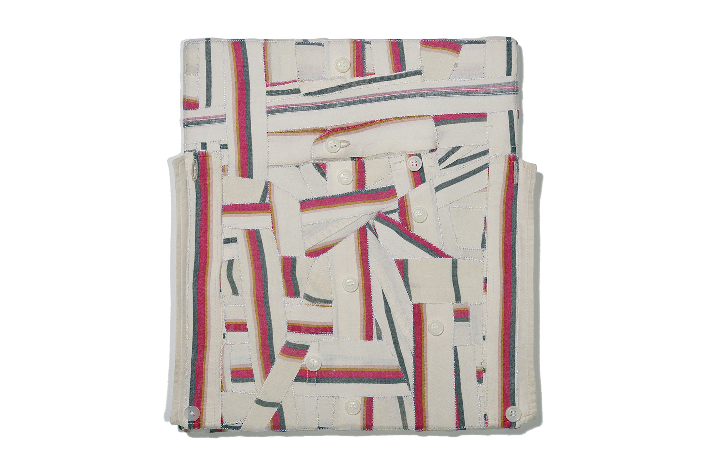  ’Celso’, 2024. Deconstructed men’s shirts hand stitched over wooden stretchers. 35 x 30 cm