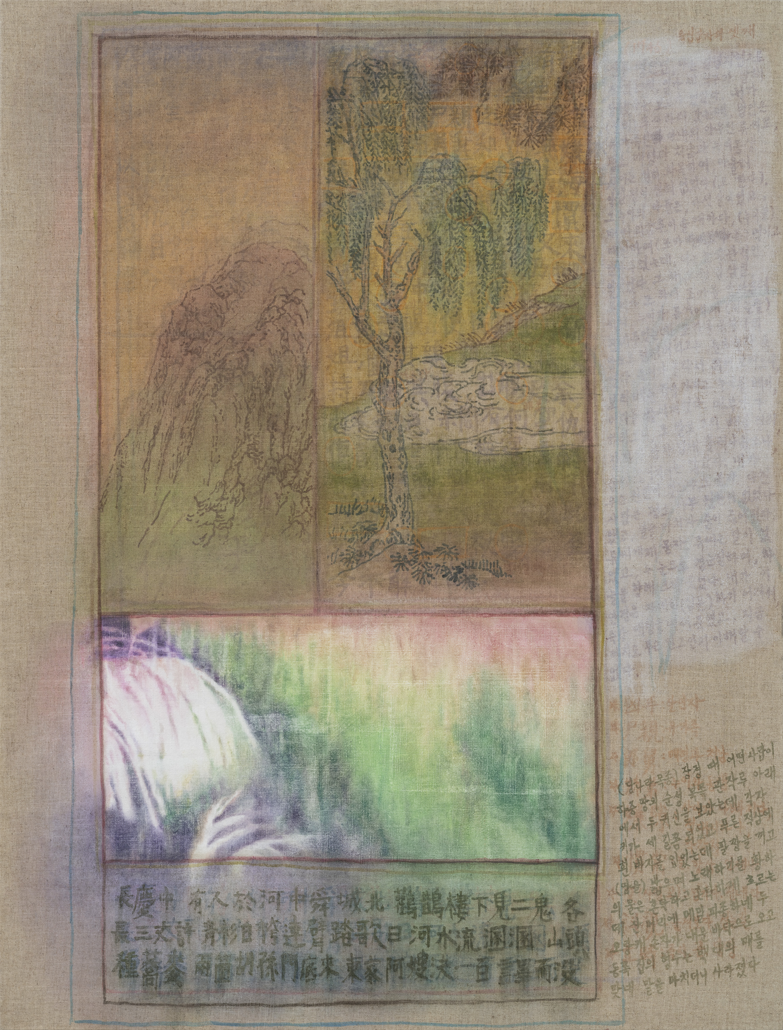 답가귀 	Two singing ghosts / 2025 / watercolor, oil, silver ink on linen / 116x88cm   