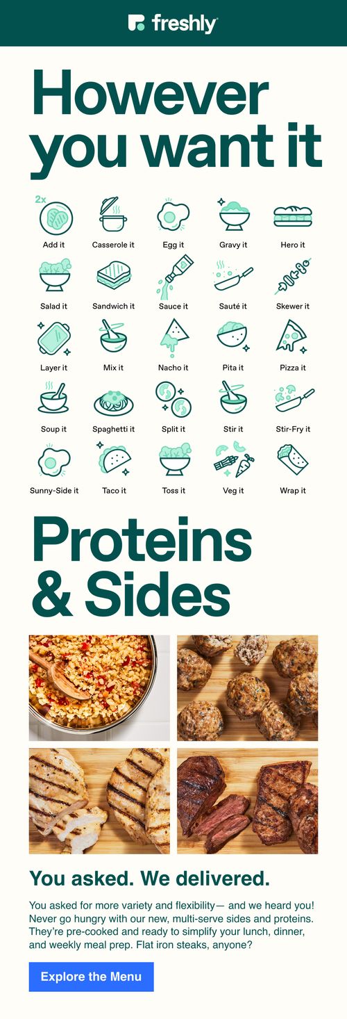 Freshly email launching it's add-ons line extension; copy reads: However you want it: Proteins & sides.