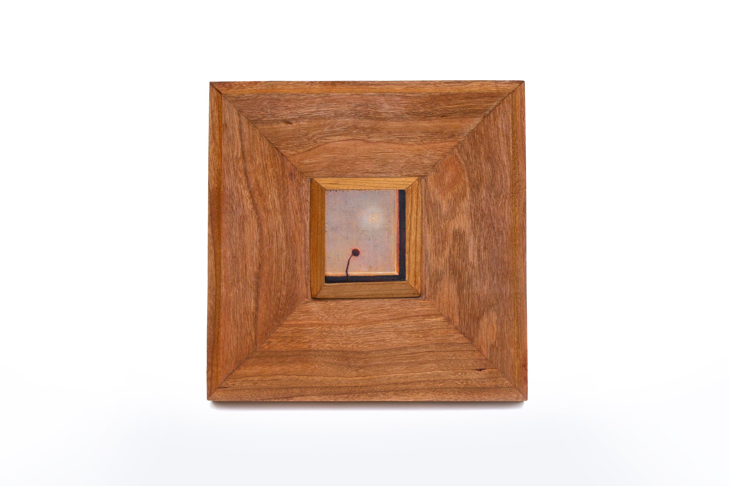 Perched, 2024, Oil and acrylic medium on wood, mounted in artist frame, 15.6 x 15.9 x 7 cm (framed)