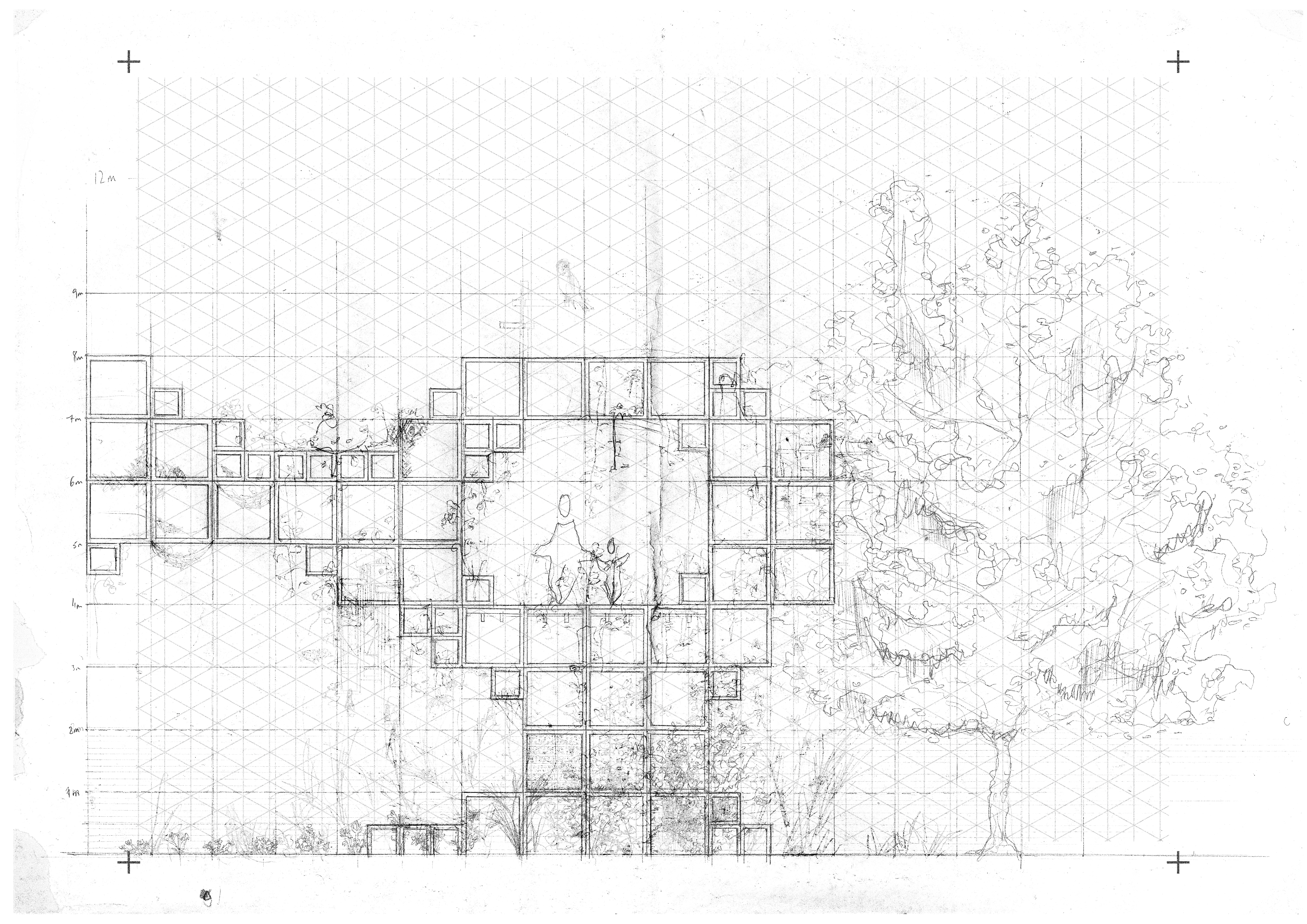 Year 2022: Space Frame Installation, Section, Hand Drawing on Tracing Paper.