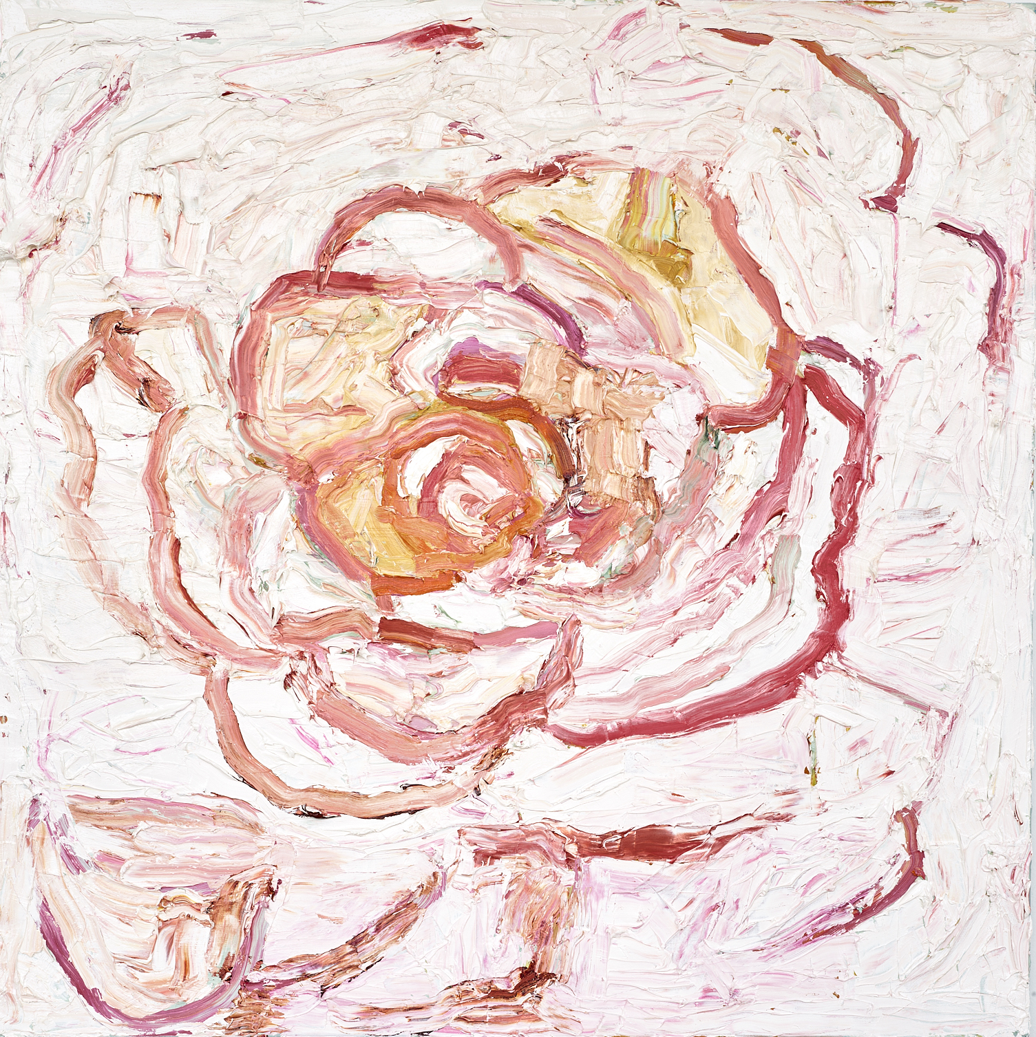 Disintegrating Camellia with Pink Aura #3, 2018, oil on canvas, 48 x 48 in (private collection)
