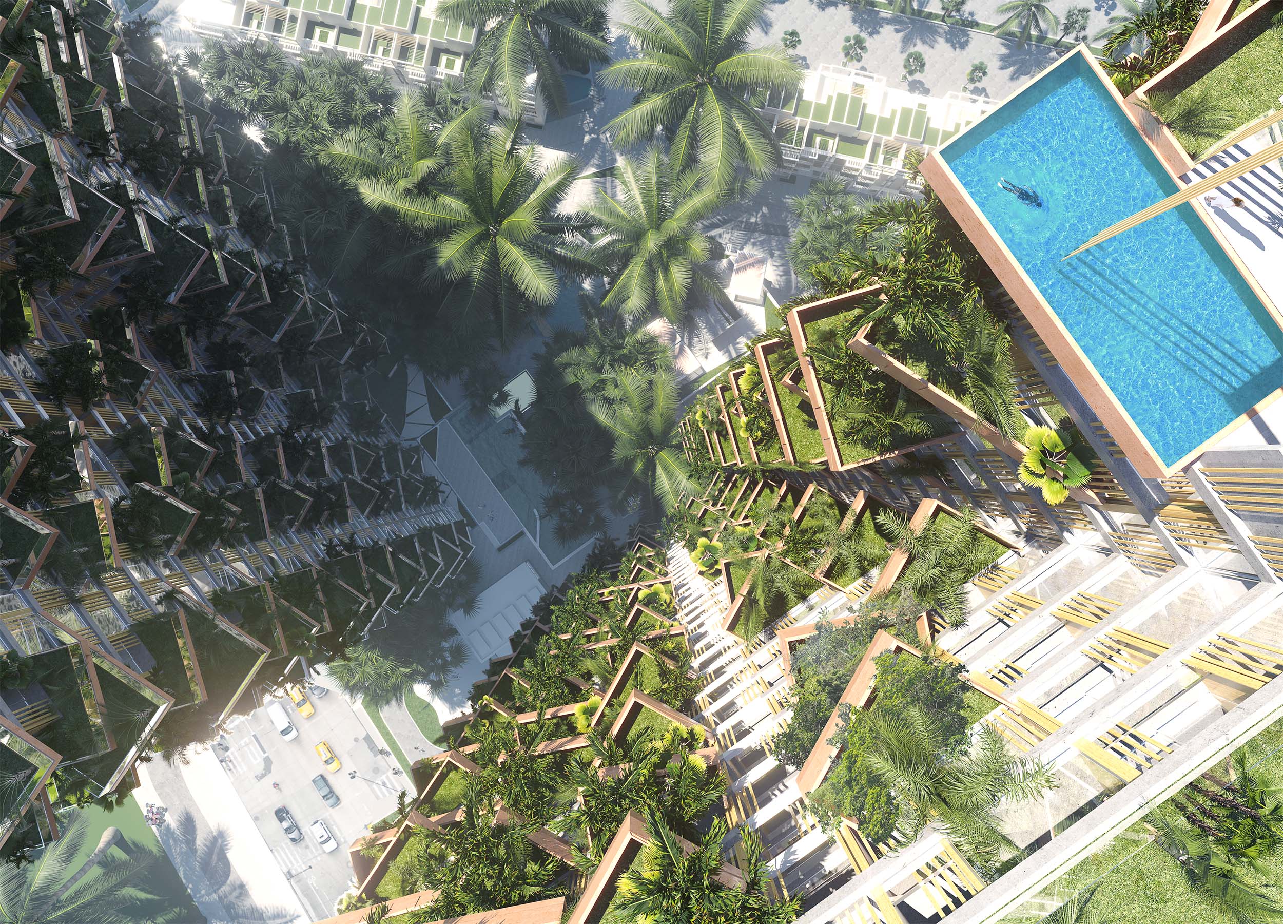 Upside-Down Rendering of the ecofriendly residential towers of the Solforest project in Hanoi.