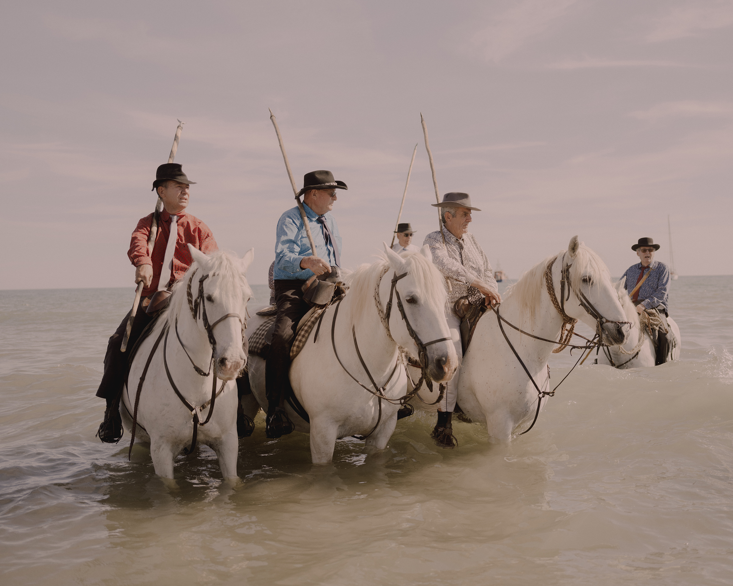 A group of gardien on white Camargue horses form an honour guard of the procession