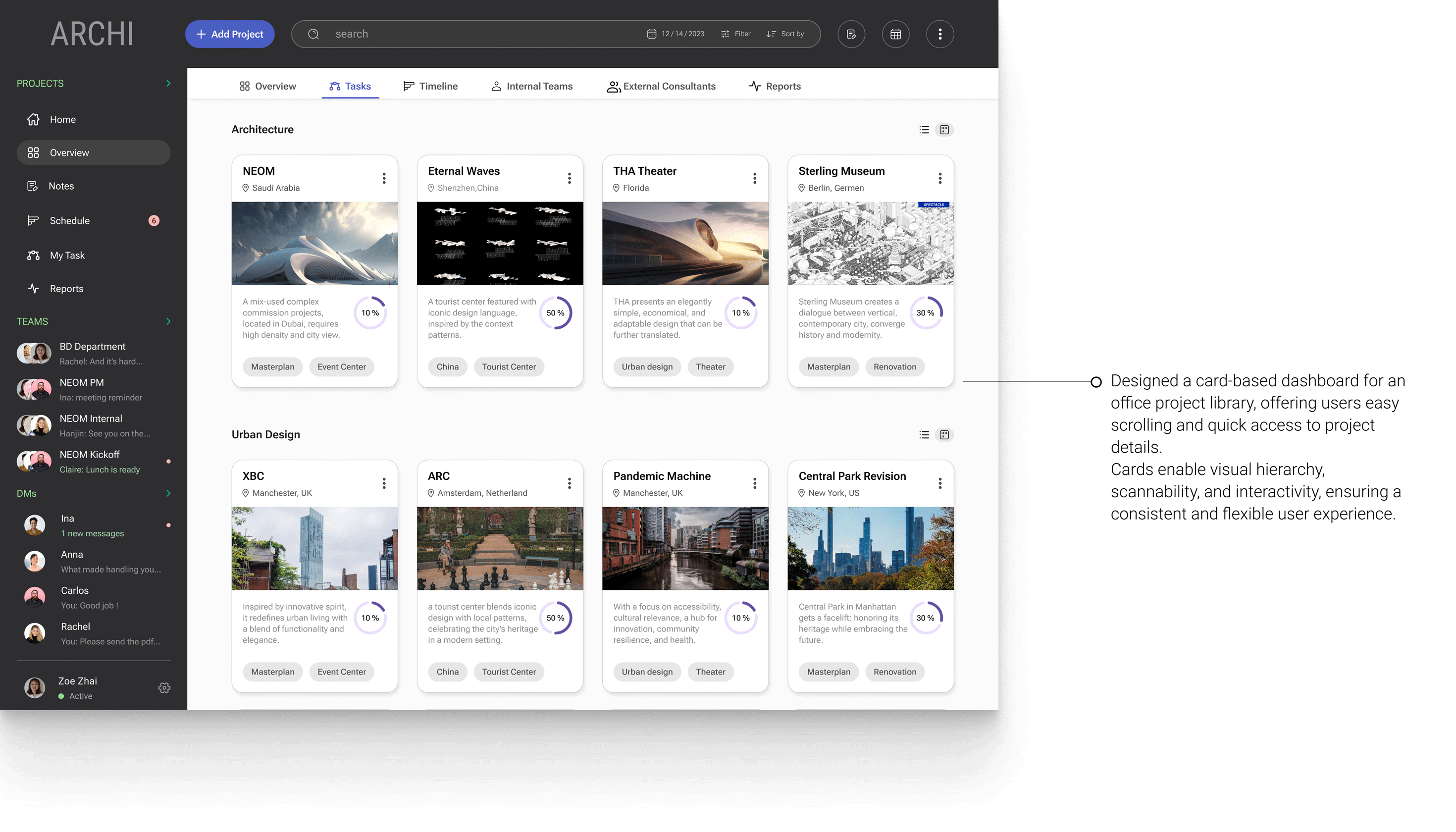 The project dashboard employs intuitive card-based UI design for streamlined project management. Users easily access project resources and tasks, including timelines and team details, all within a unified interface.