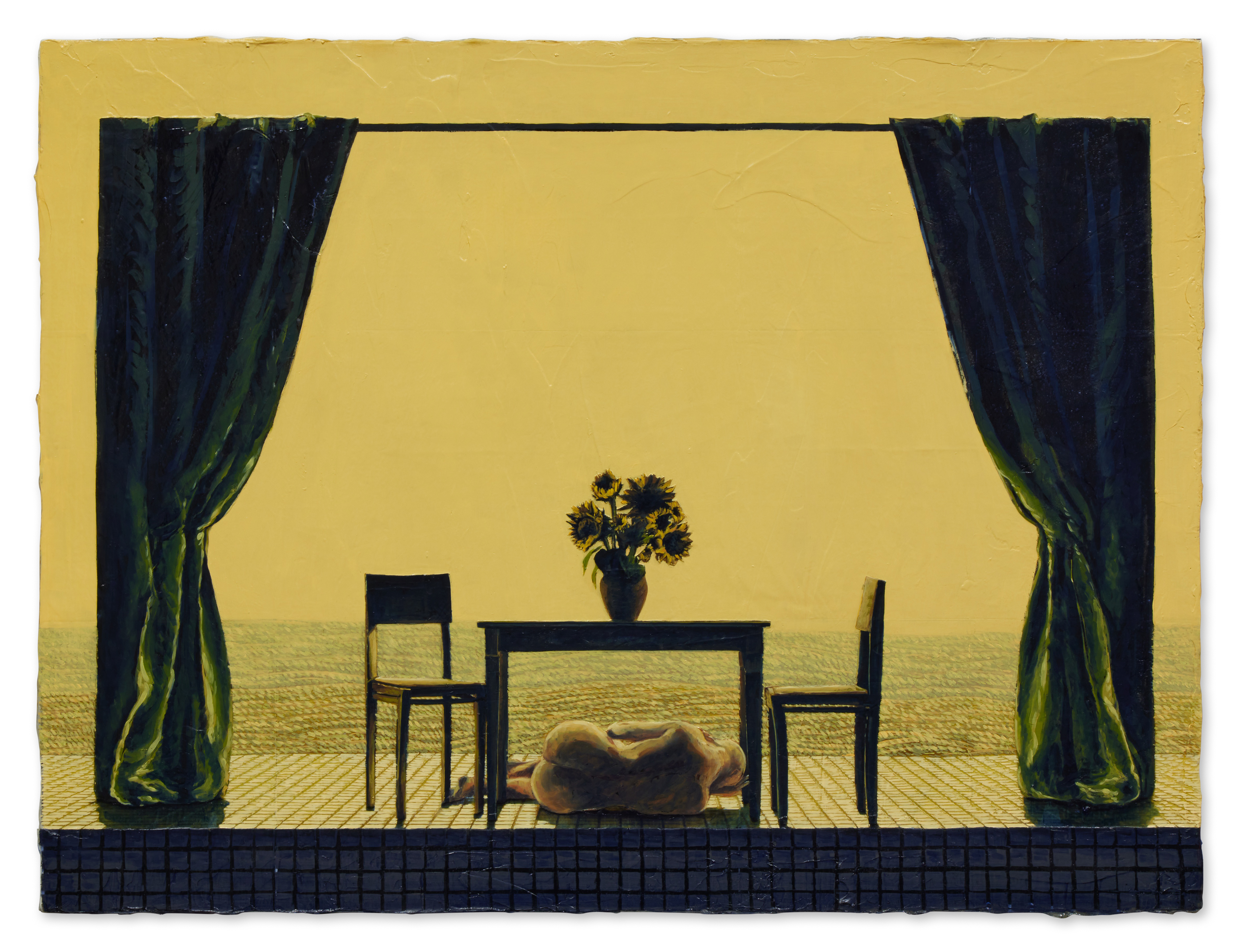 Ho Jae Kim, Waiting Room, 2022. Oil, inkjet transfer, enamel on canvas. 76.2 x 101.6 cm (30 x 40 in). Courtesy of the artist