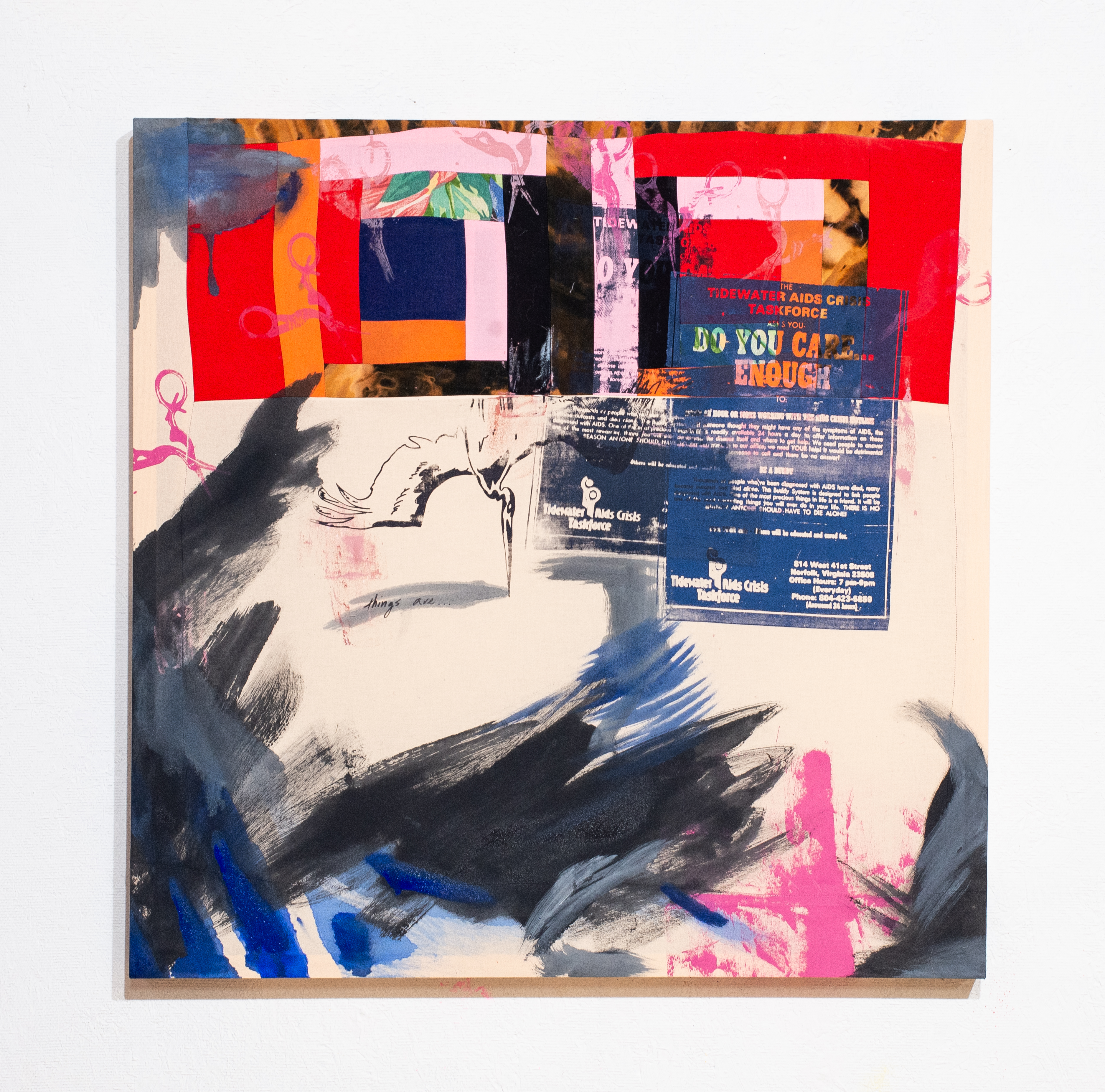 Care Package. 2025. Patchwork, screen print, and acrylic on found fabrics. 28" by 28".