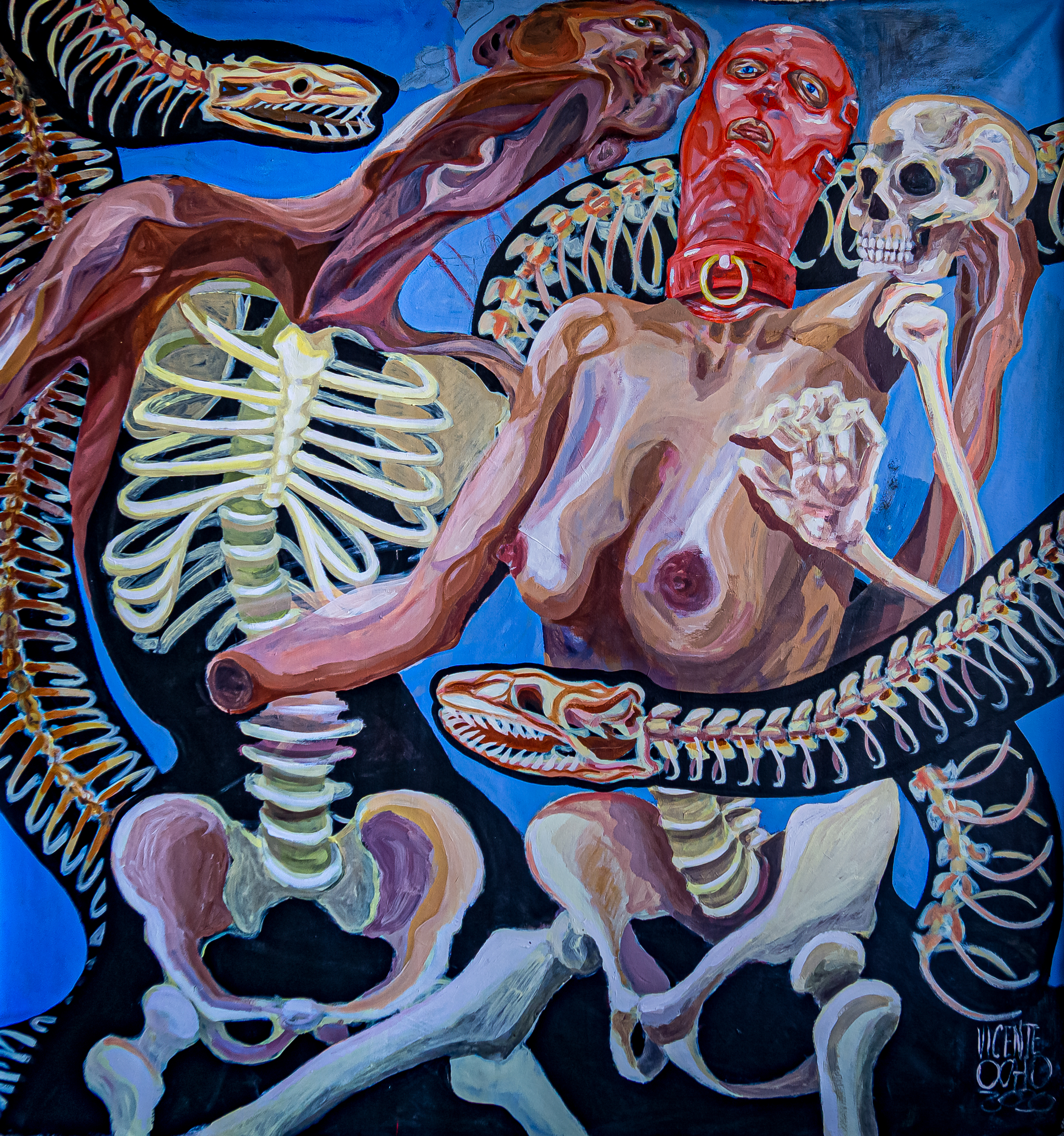 #38 - Vicente Ocho - Le masque, l&rsquo;amour et la mort &ndash; 2021 - 150 x 150 cm - Acrylique sur toile