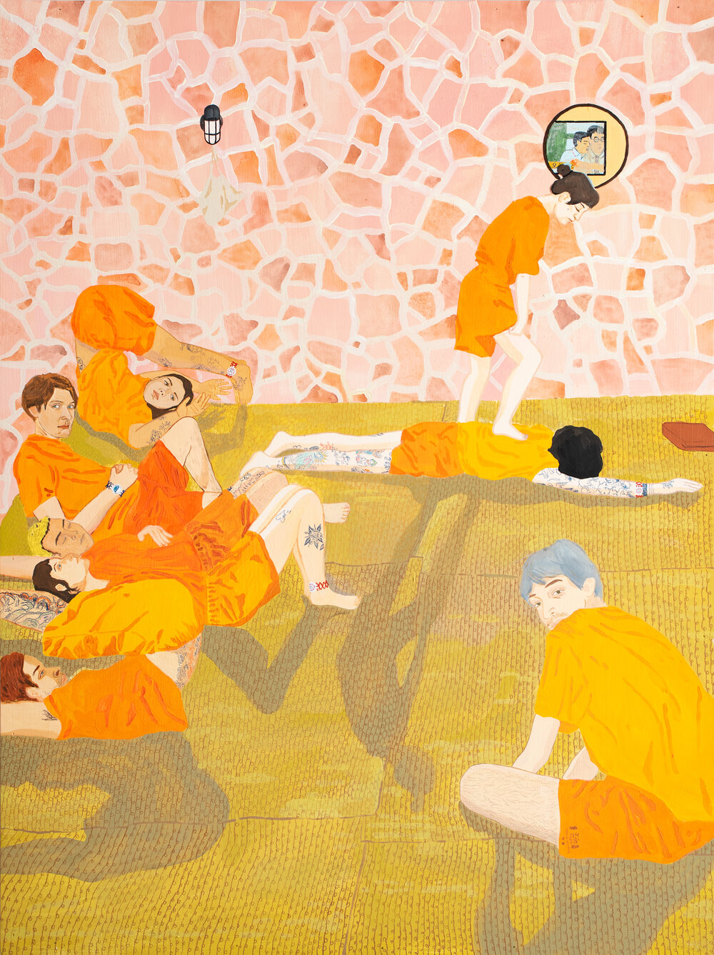 painting rendered in a colorful, flattened style, depicting 10 figures all resting in a dry sauna of a jjimjilbang korean spa. They are are wearing bright orange short sleeve lounge wear and laying on the woven mat floor, some on their stomach, some sitting, some on their back, and so on. The wall in the back of the field is a kind of mosaic of bright pink and light orange stone with a white mortar between.