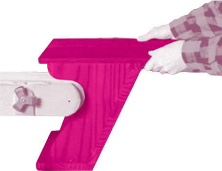 A graphic of the artists’s hands holding a pink highlighted hybrid wood sculpture/ furniture object against a stationary belt sander; the interior curve of the pink hybrid object fits perfectly around the drum of the belt sander.