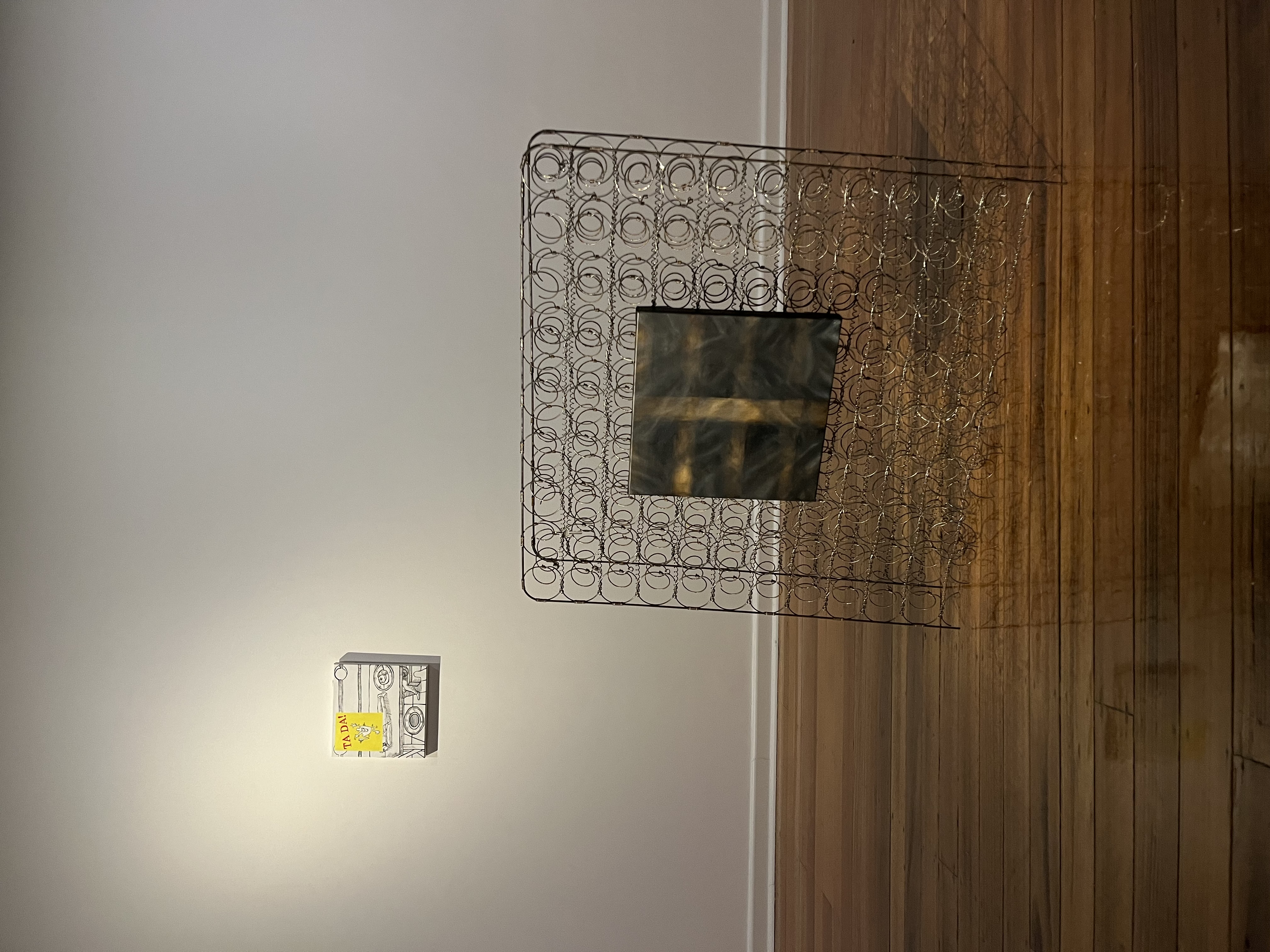 Install View: Talking Head and Rib Xylophone, Emma Lyn Winkler, 2025, oil on canvas and mattress springs, dimensions variable.