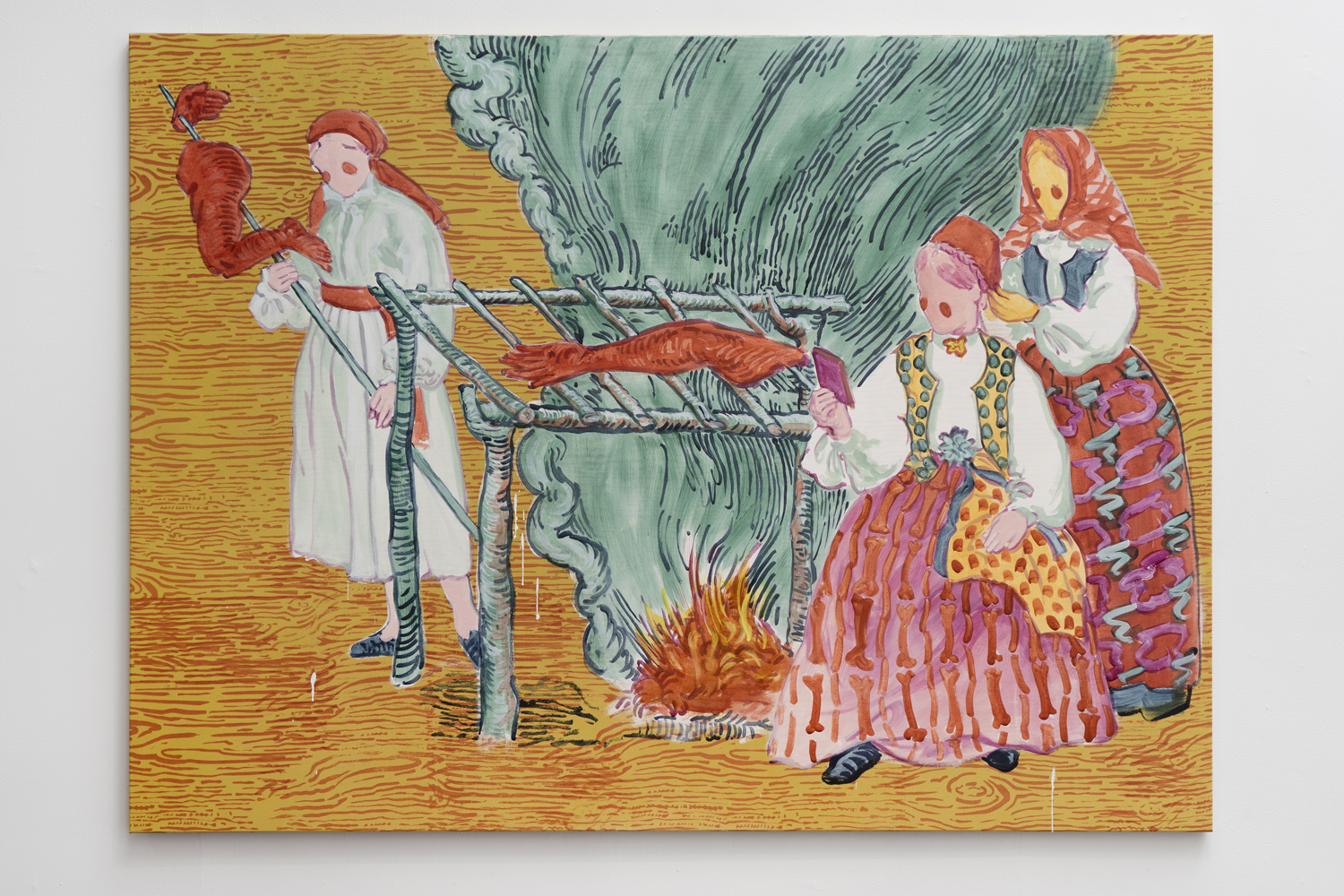 Hazelius BBQ, 2021, Titanium white, Maya blue, indigo, cochineal, red earth, buckthorn berry yellow, yellow earth, green earth, and madder i n egg tempera on calico dyed with goldenrod and printed with brazilwood and madder.