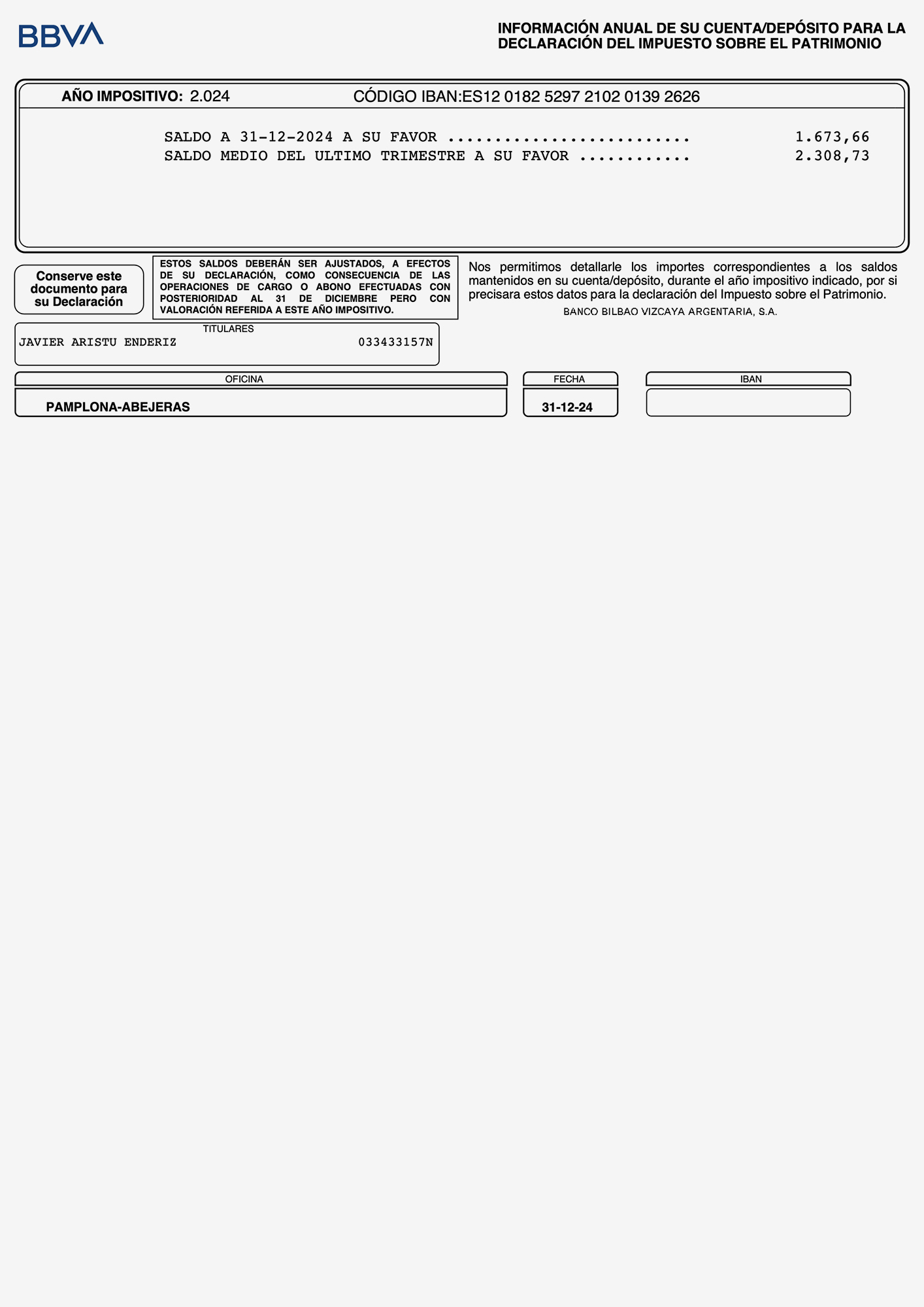 Información anual de la cuenta/depósito para la declaración del impuesto sobre el patrimonio, Pamplona, 2024