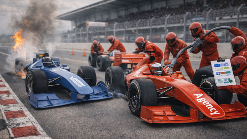 A freelancer race car launches instantly but runs out of fuel; an agency race car starts slower but has a pit crew with clipboards/icons and finishes strong.