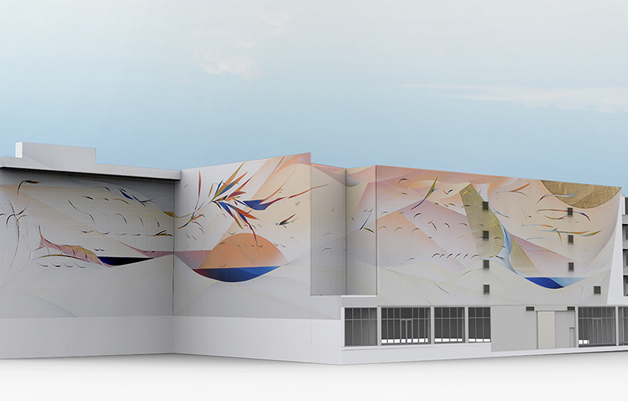 “Oiseaux Exotiques” (after O. Messiaen) / Mural painting on the parking lot of the Paraiso Bay Views condominium complex / Permanent public art project for Related Group, Miami, USA / High durability vinylic paint and enamel sealed on Stucco / 7,655 y2 / 2018