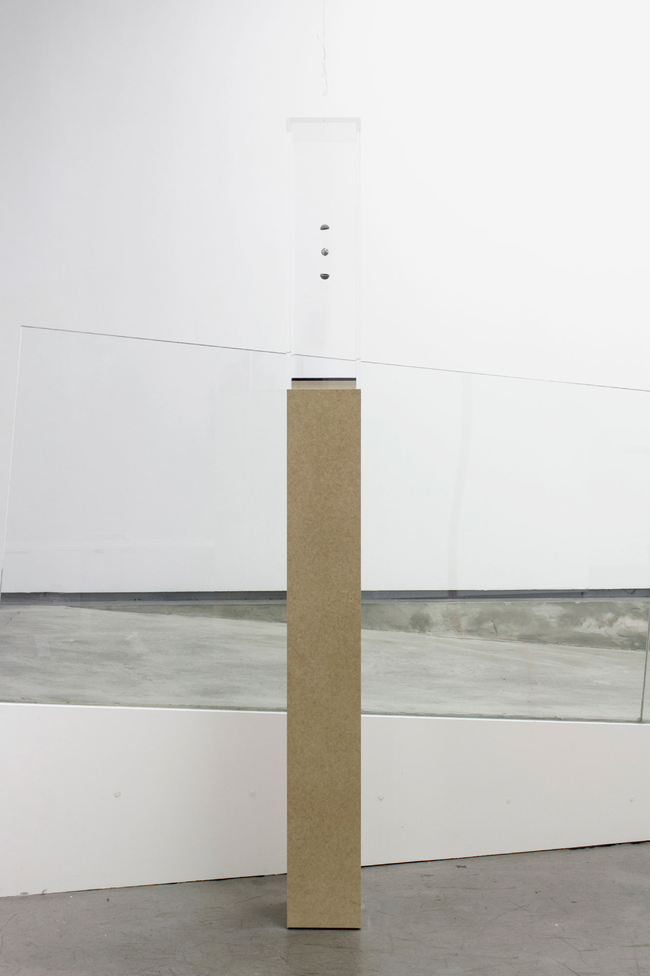 Pendulum (Mouse Ball, Horse Tail) #2, 2017 Steel, rubber, and horse tail hair47 x 2 x 2 cm.Display case: 180 x 16 x 20 cm.