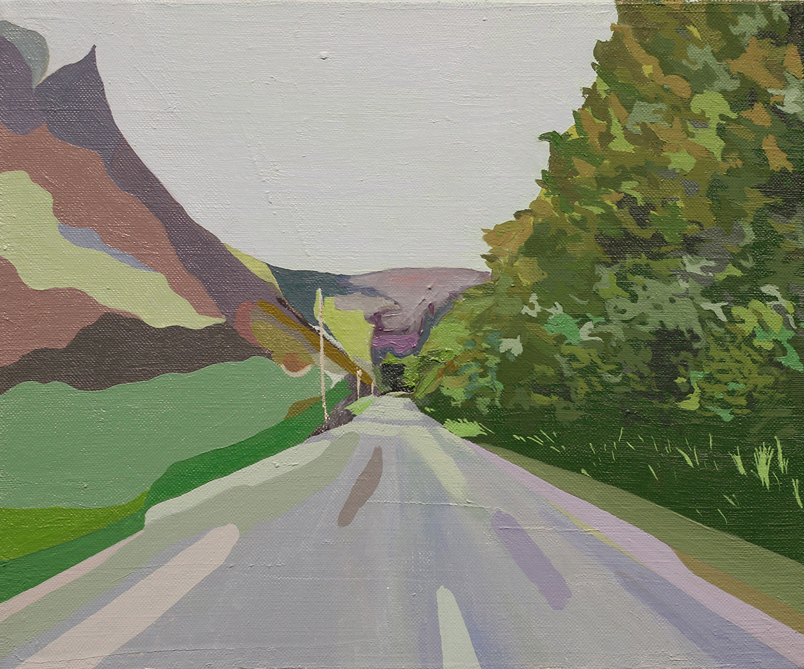 A low-detail landscape painting that depicts a grey paved road disappearing into the horizon line near the middle. On the right are green trees, on the left and against the background under the sky are rocks, or mountains, made up of purples and yellows and grays.