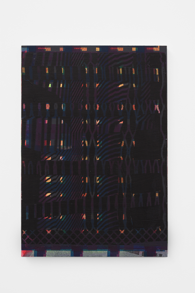 Interlacing (K), 2015, silkscreen ink and acrylic on herringbone fabric mounted to panel, 23 x 16.5 inches