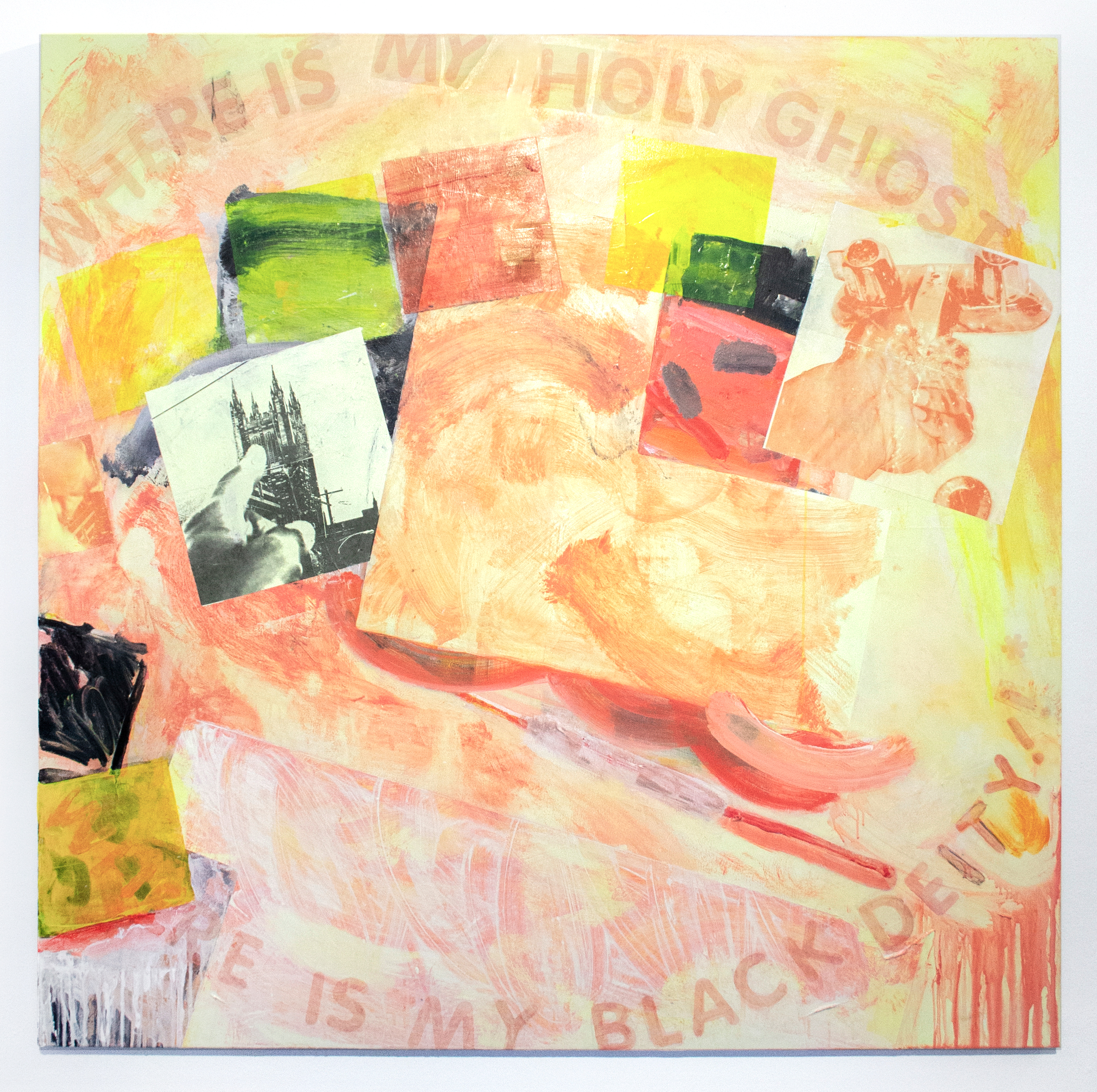 Something About Mountains, Something About Rivers, 2019. 60 x 60 inches. Oil, acrylic, flashe, toner transfer on canvas.