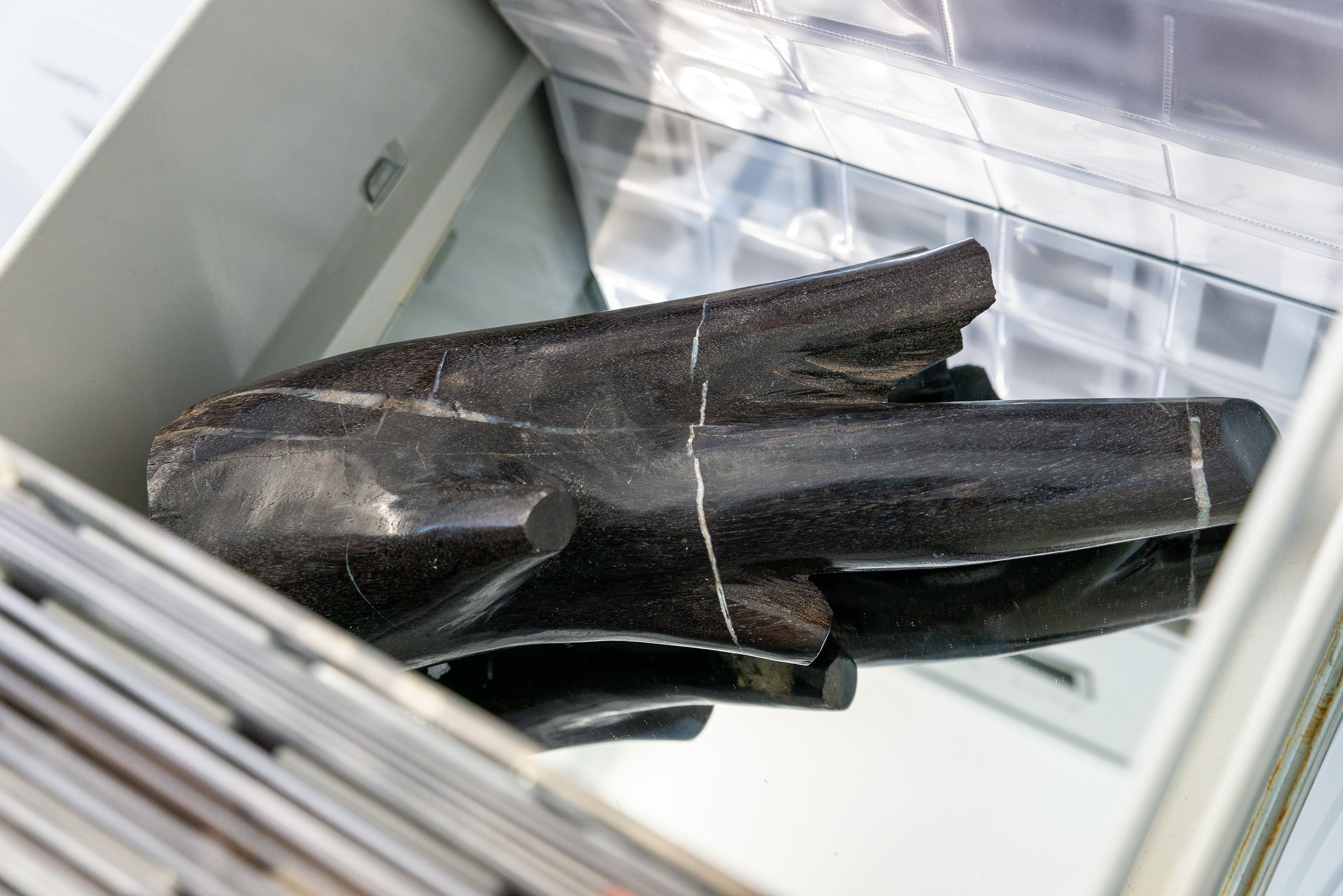 'Untitled' &ndash; Installation detail: HKS archive drawer (1990 &ndash; 2003), petrified wood.